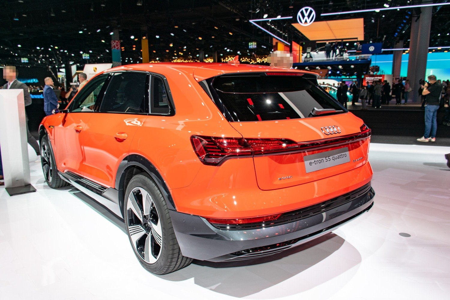 Rear view of electric SUV with LED tail lights and aerodynamic wheels