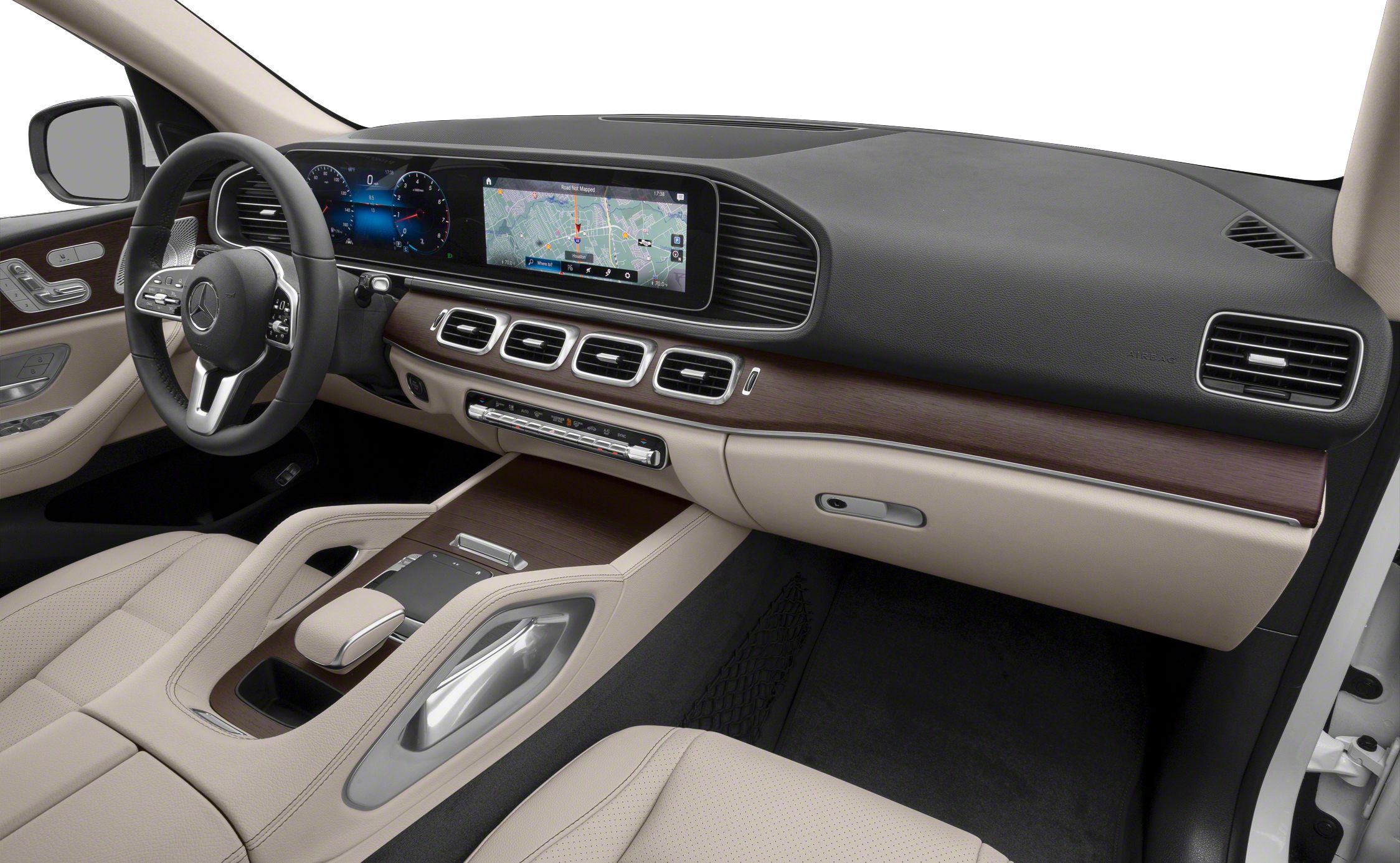 Modern digital dashboard and steering wheel with wood trim in beige car interior