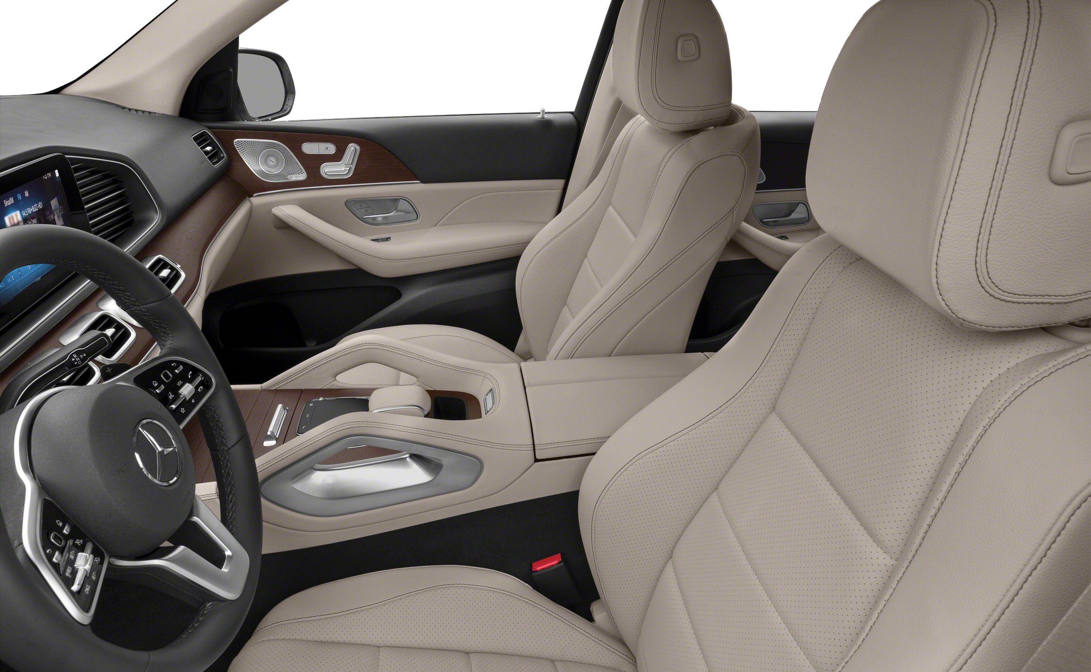 Leather front seats and modern dashboard with wood accents and tech controls