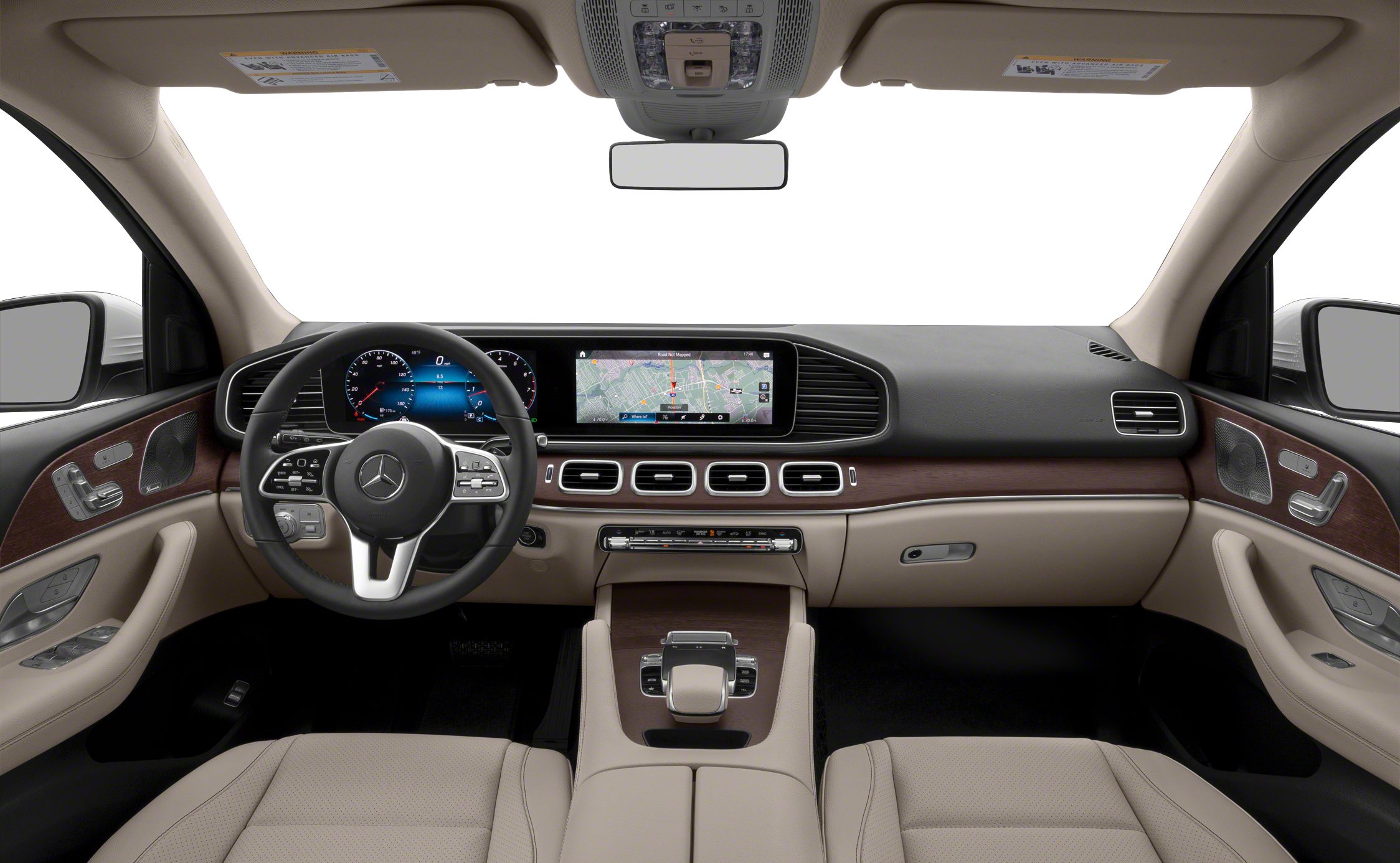 Digital instrument cluster and infotainment touchscreen with wood trim dashboard