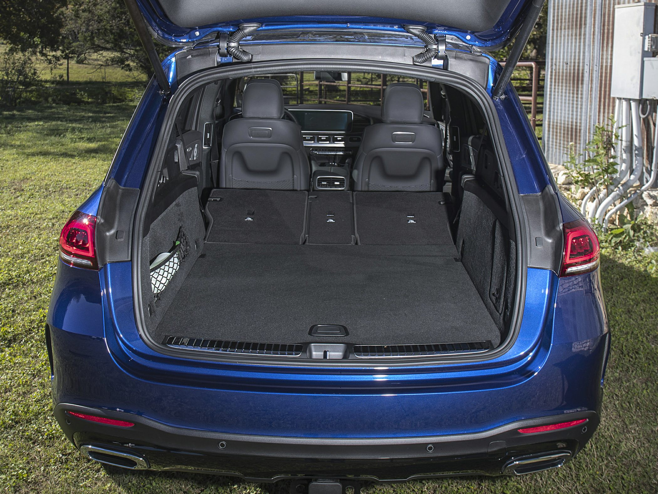 Spacious cargo area with folded rear seats in an SUV interior
