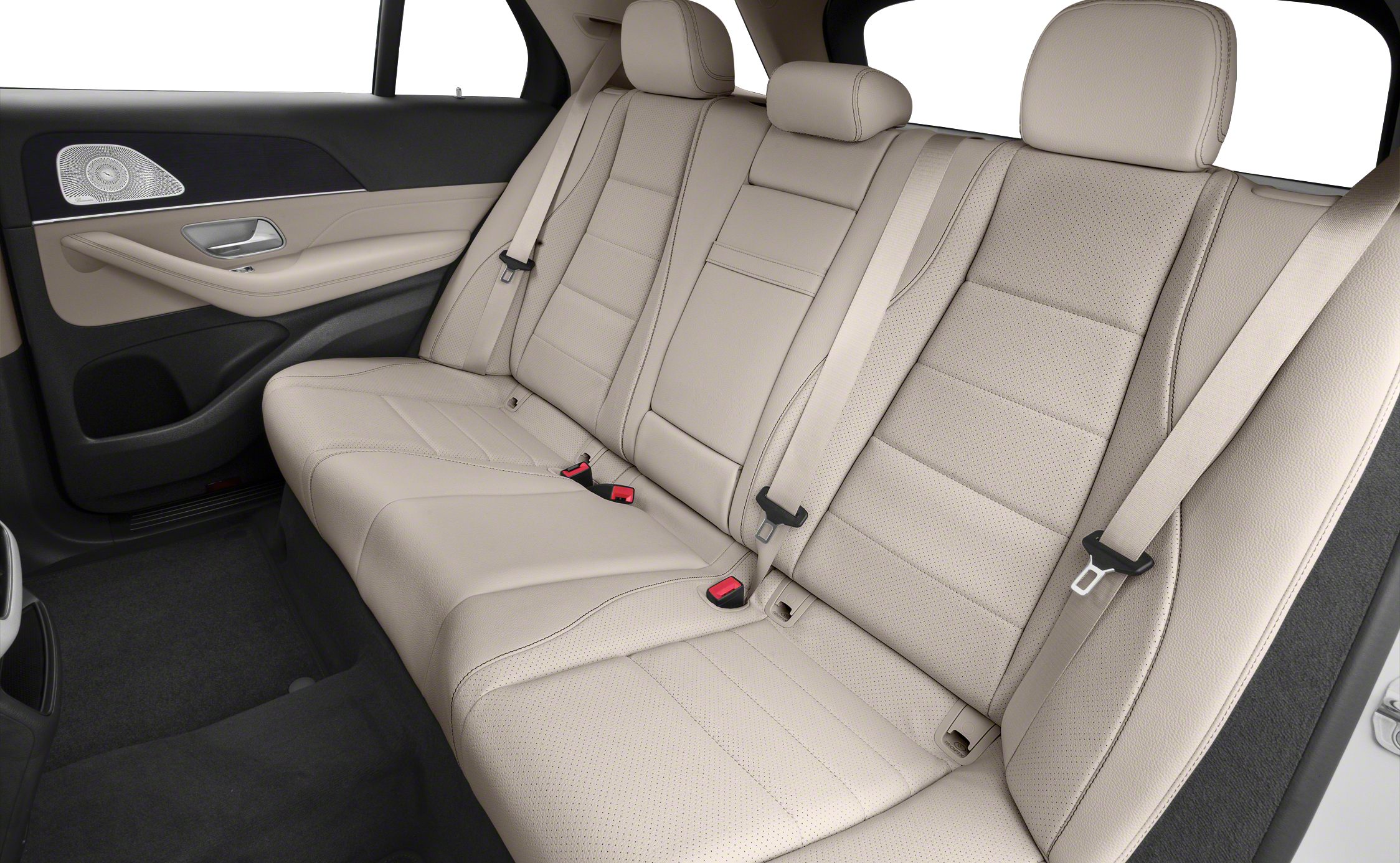 Beige perforated leather rear seats with headrests and integrated seat belts