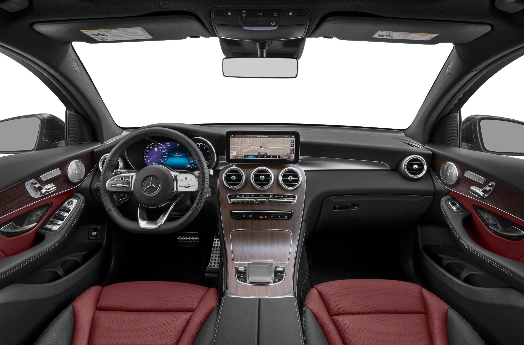 Digital dashboard and wood-trim center console with red leather seats