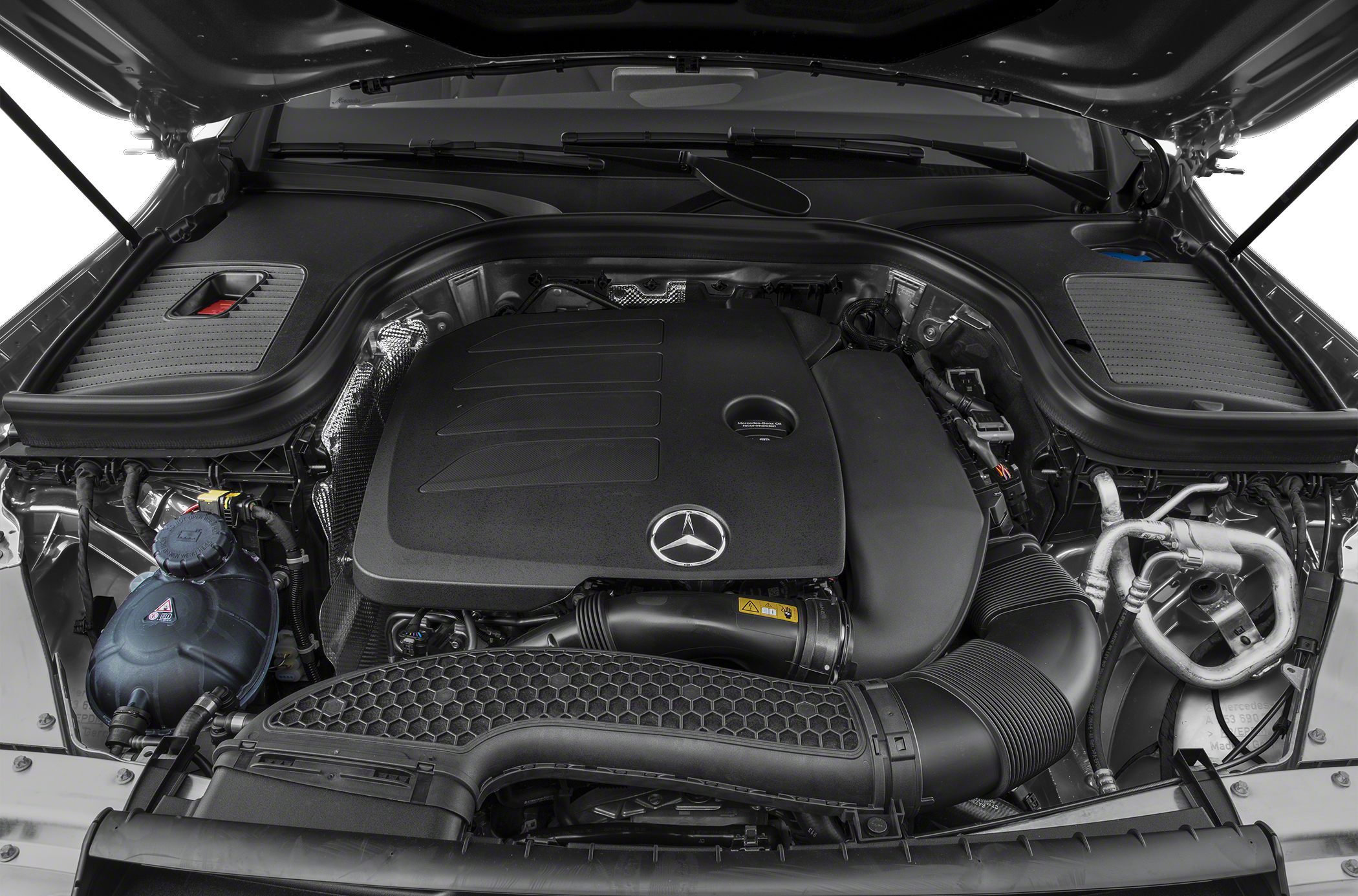 Engine bay with covered engine and air intake system