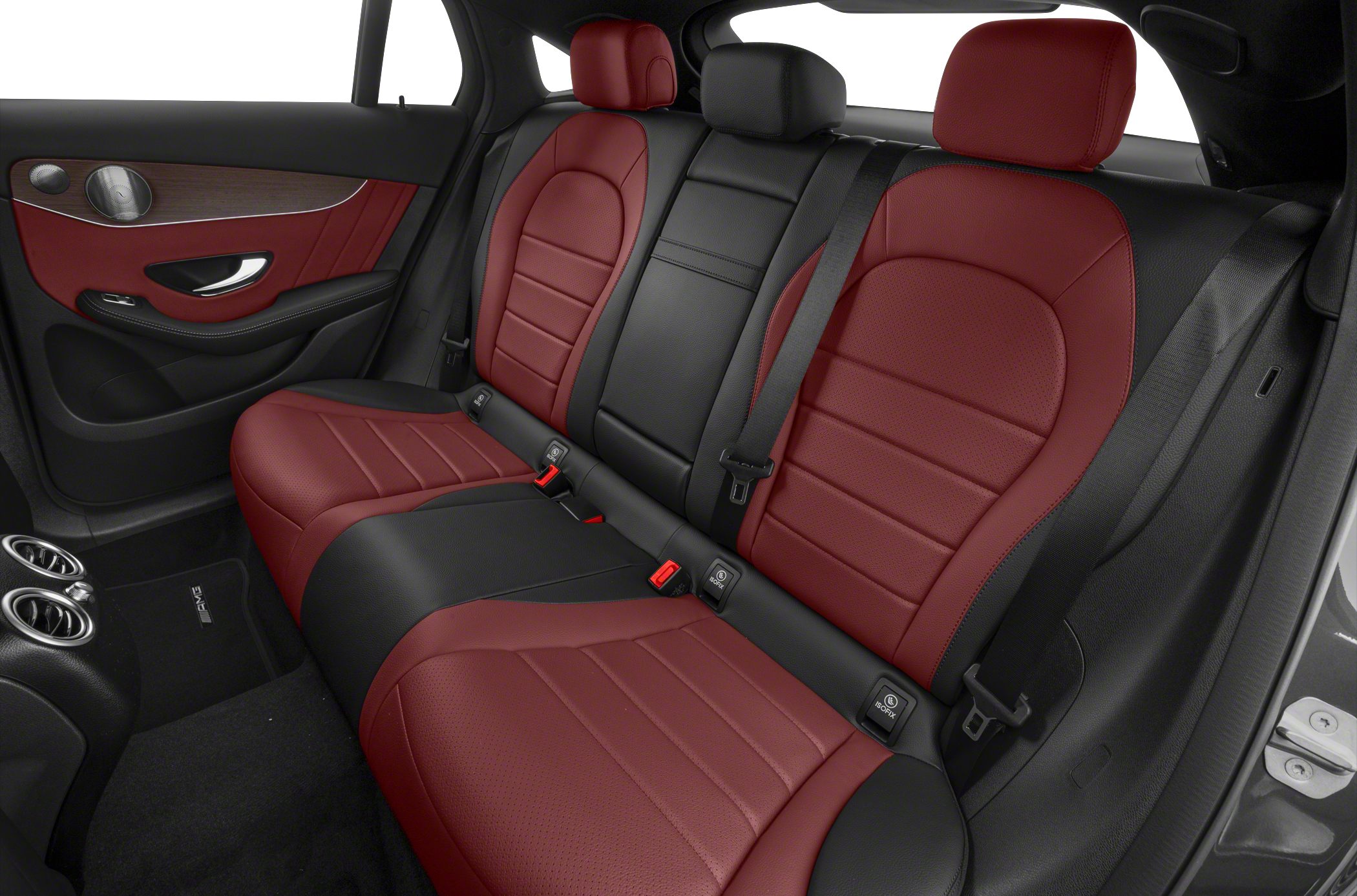 Luxurious red and black leather rear seats with detailed stitching.
