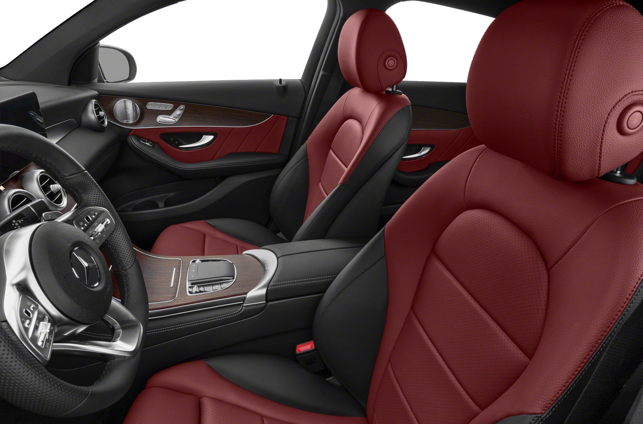 Red and black leather seats with wood trim on car interior
