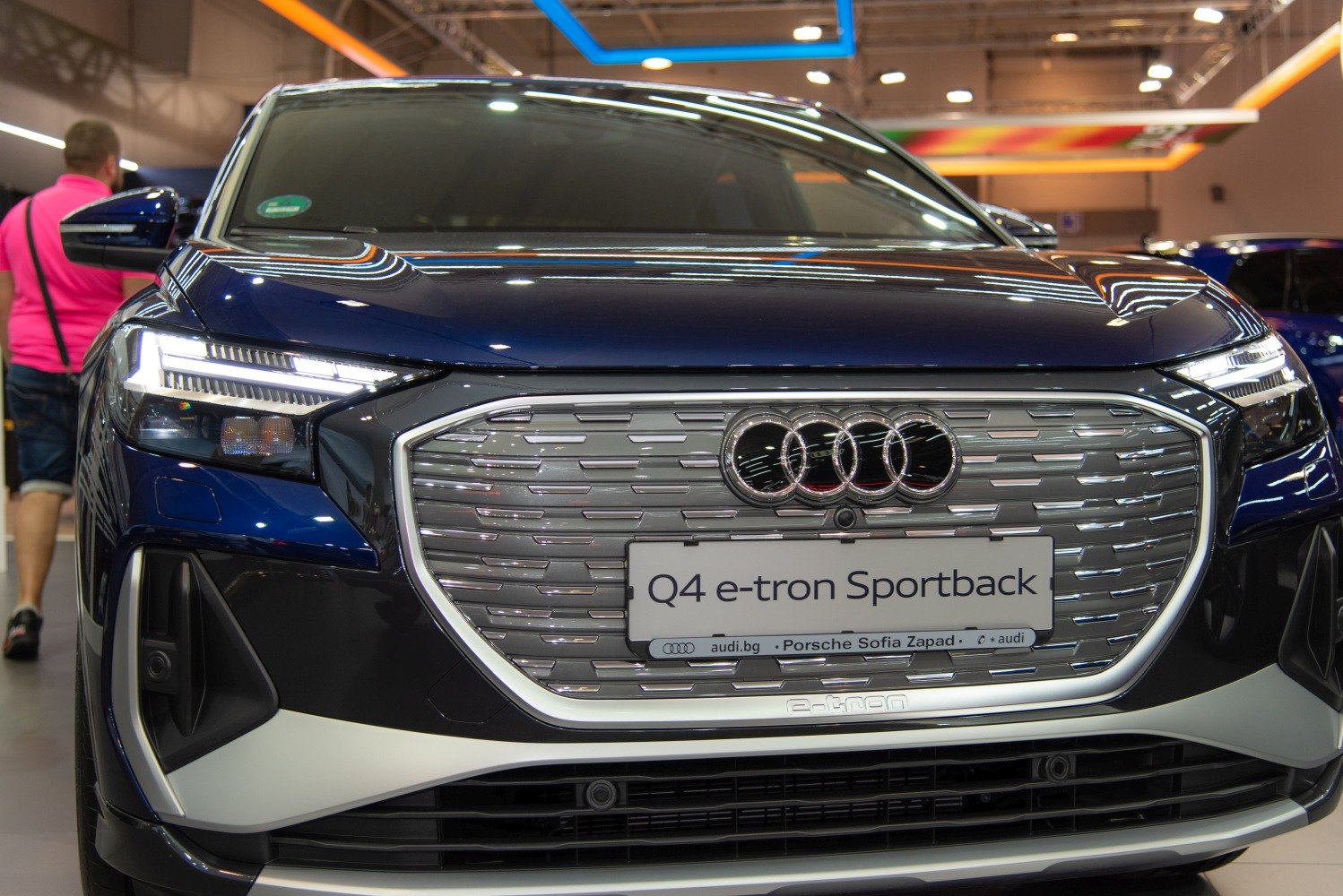 Close-up of front grille and LED headlights