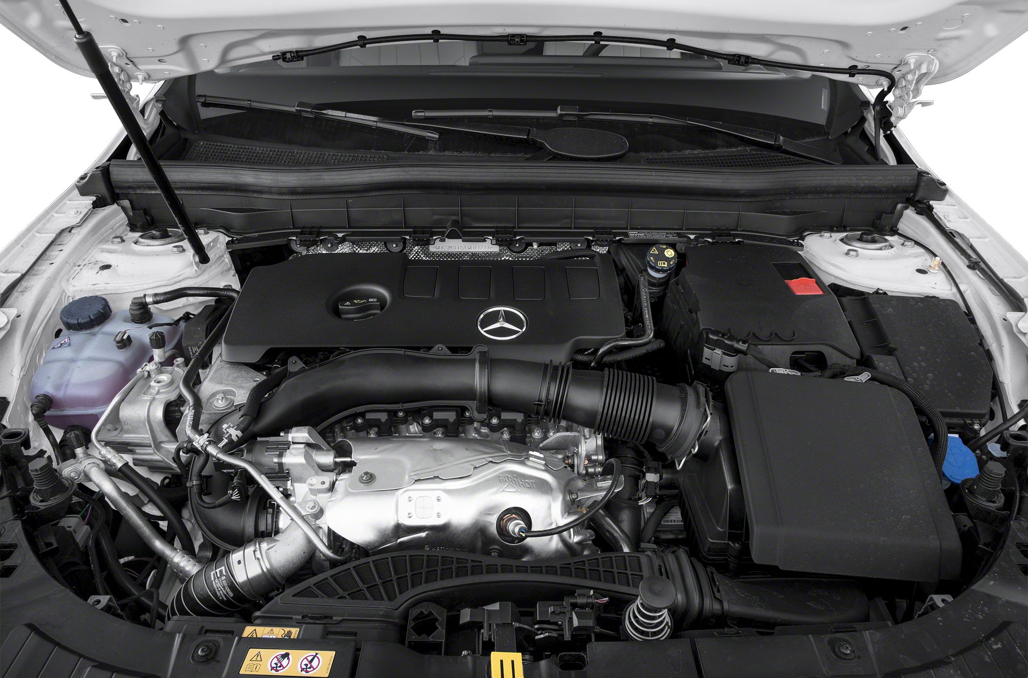 Engine bay close-up showing Mercedes-Benz engine layout and components