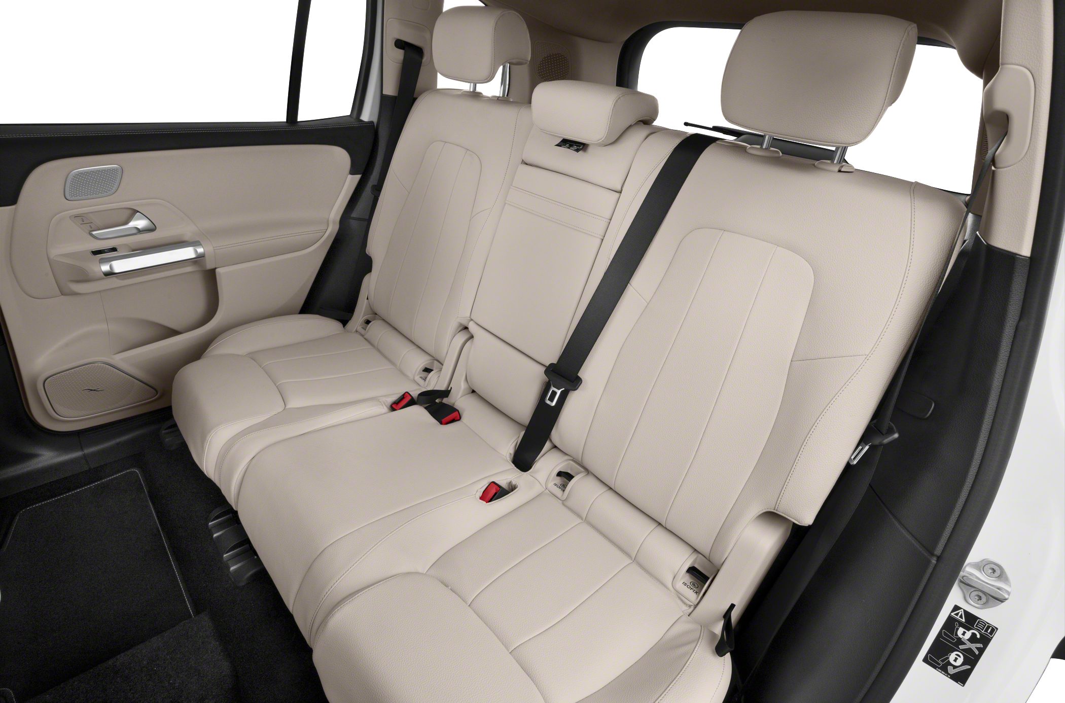 Beige leather rear seats with seatbelts and door panel