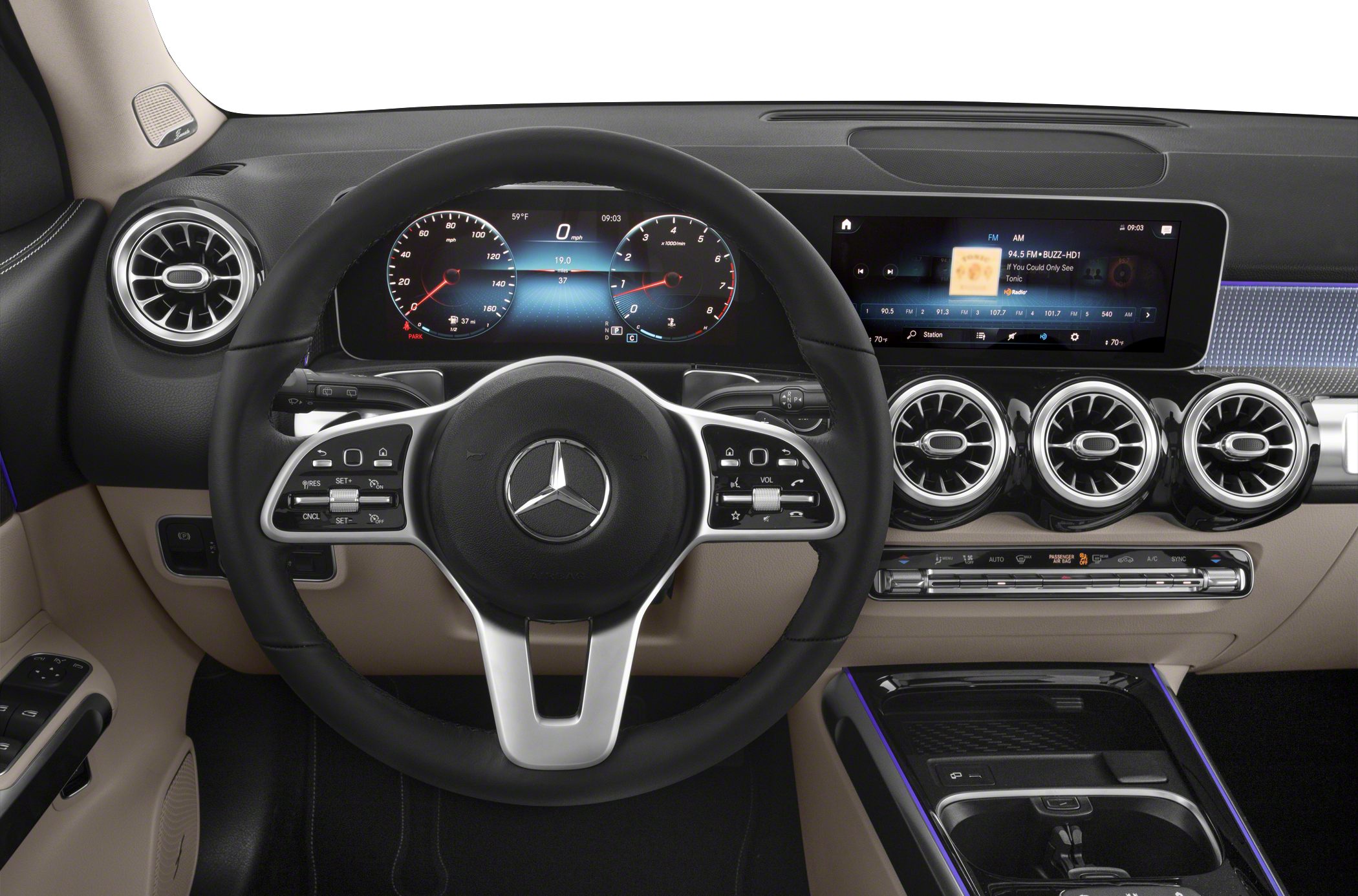 Digital dashboard display and multifunction steering wheel with circular air vents.