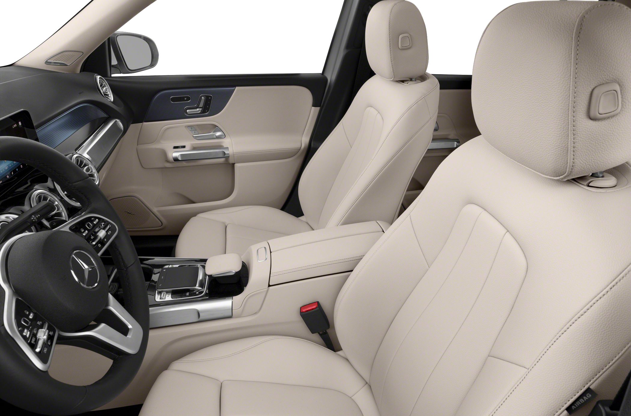 Beige leather front seats and modern dashboard with steering controls