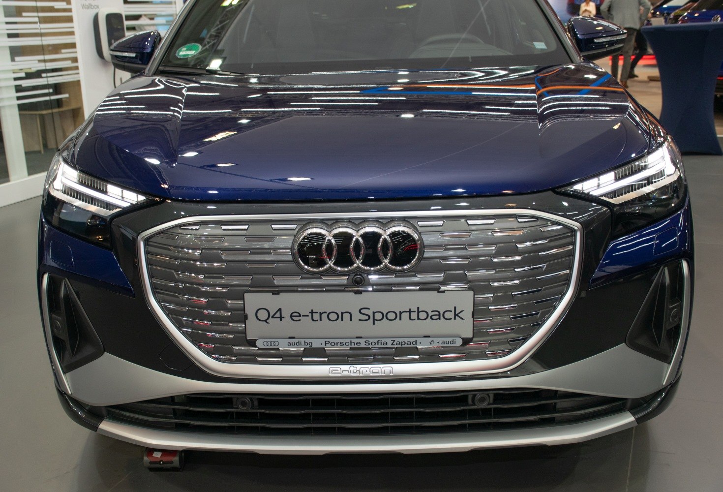 Front grille and LED headlights of an electric SUV