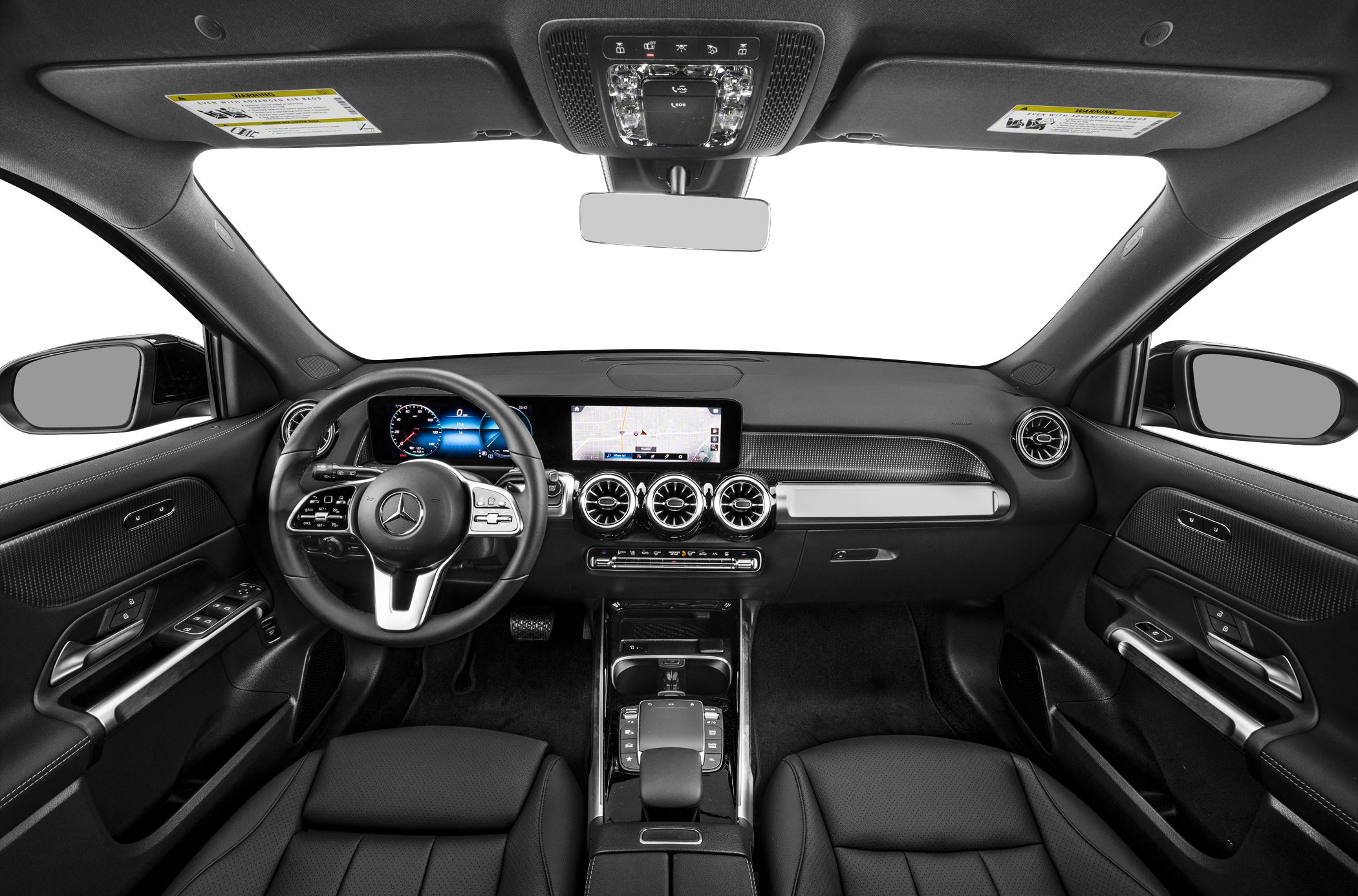 Dashboard and steering wheel with digital displays and air vents
