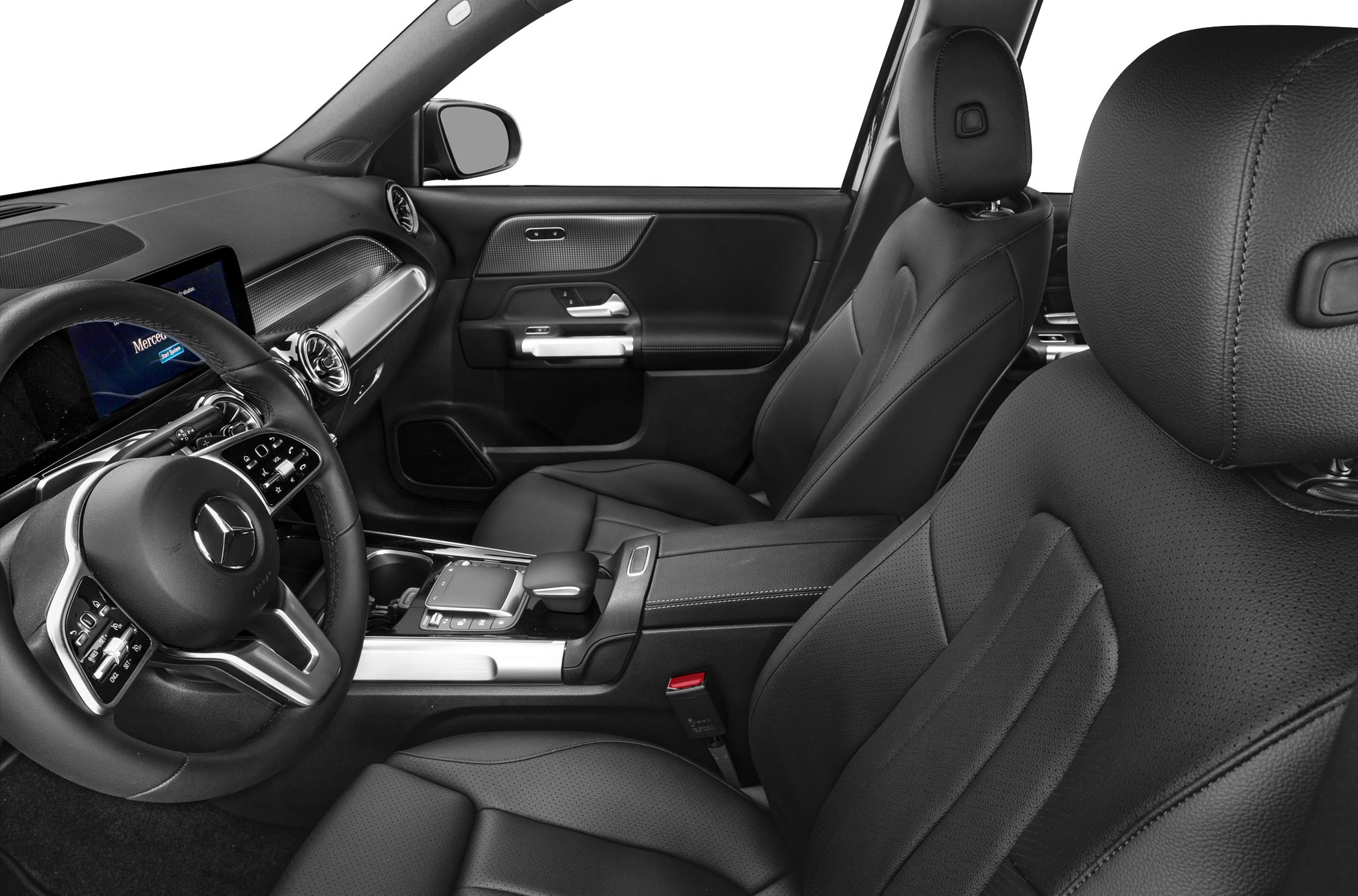 Black leather seats with modern dashboard and steering wheel