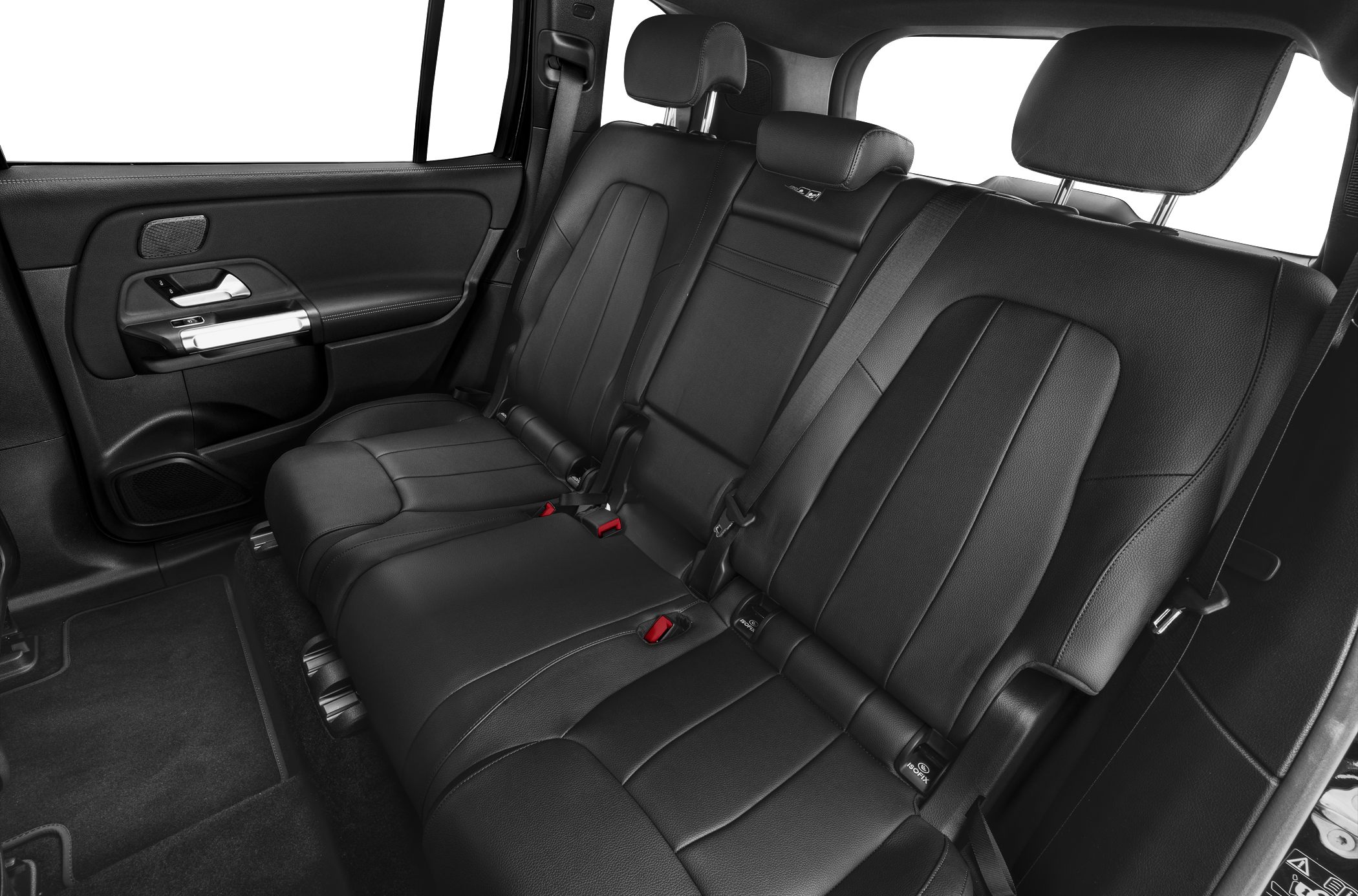 Black leather rear seats with stitching, seat belts, and ISOFIX anchors
