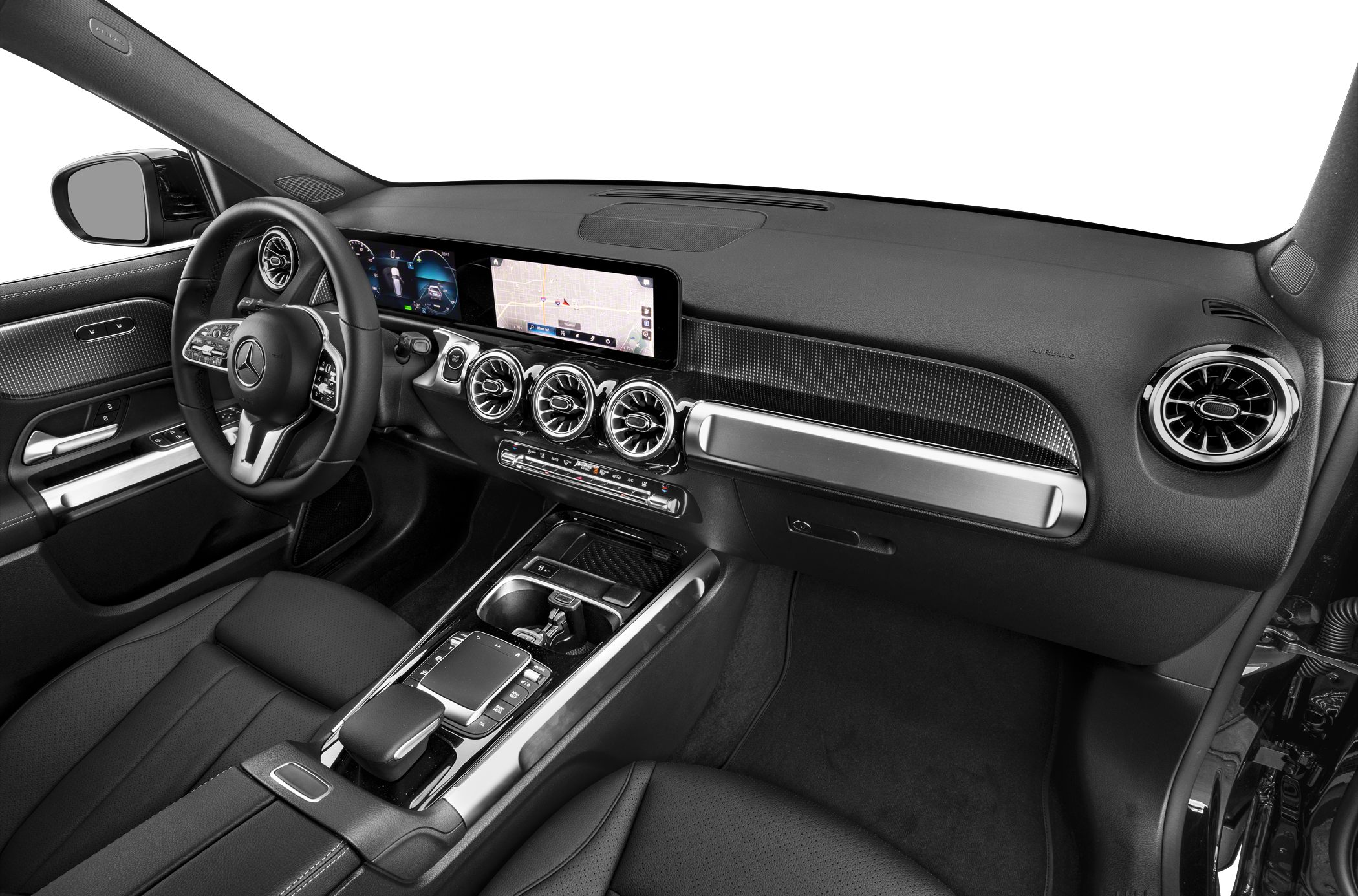 Modern digital dashboard and steering wheel with distinctive air vents