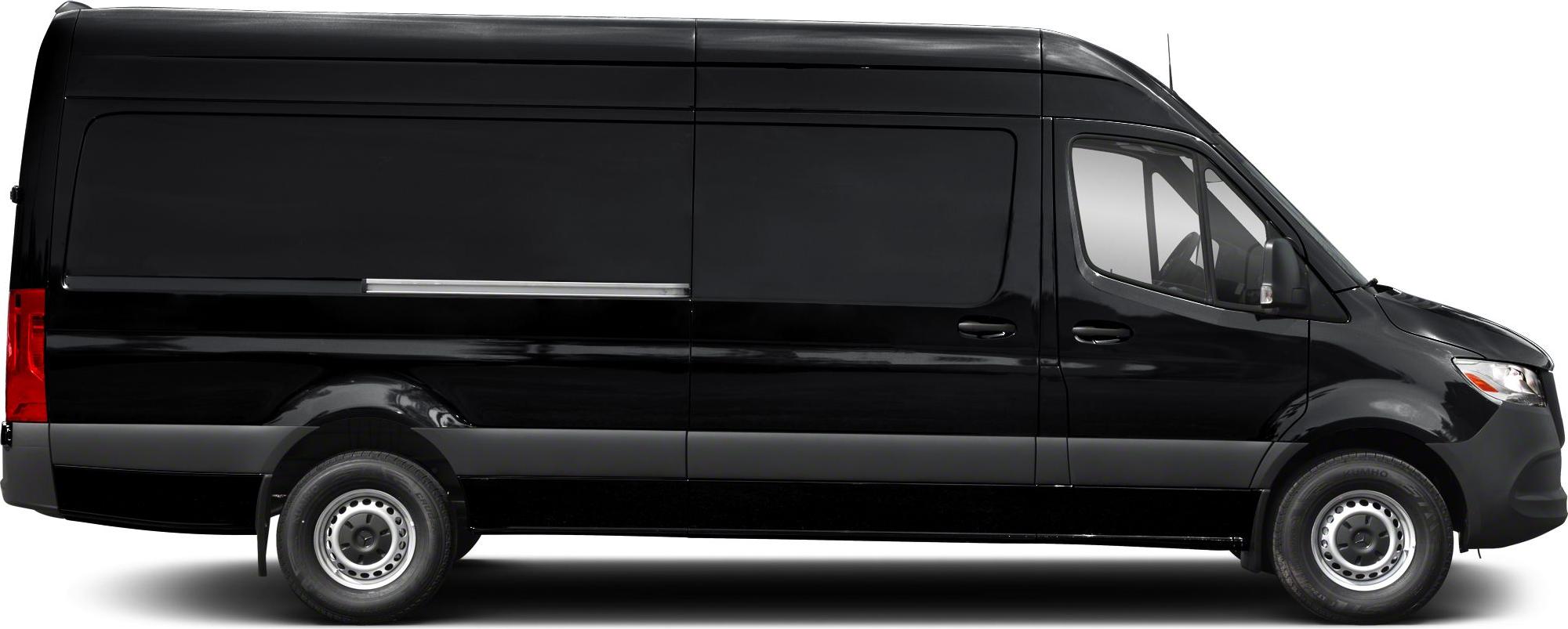 Side profile of black electric panel van with sliding door rail and compact wheels