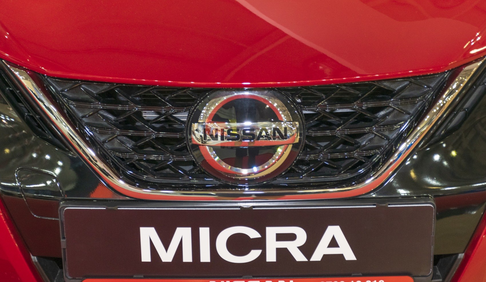 Close-up of front grille with Nissan emblem and red car hood