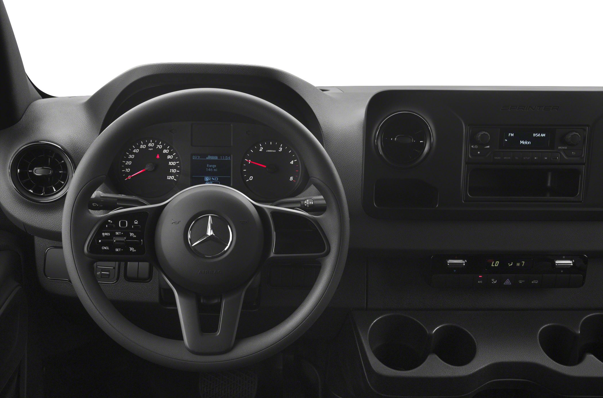 Dashboard and steering wheel with vehicle instruments and media controls