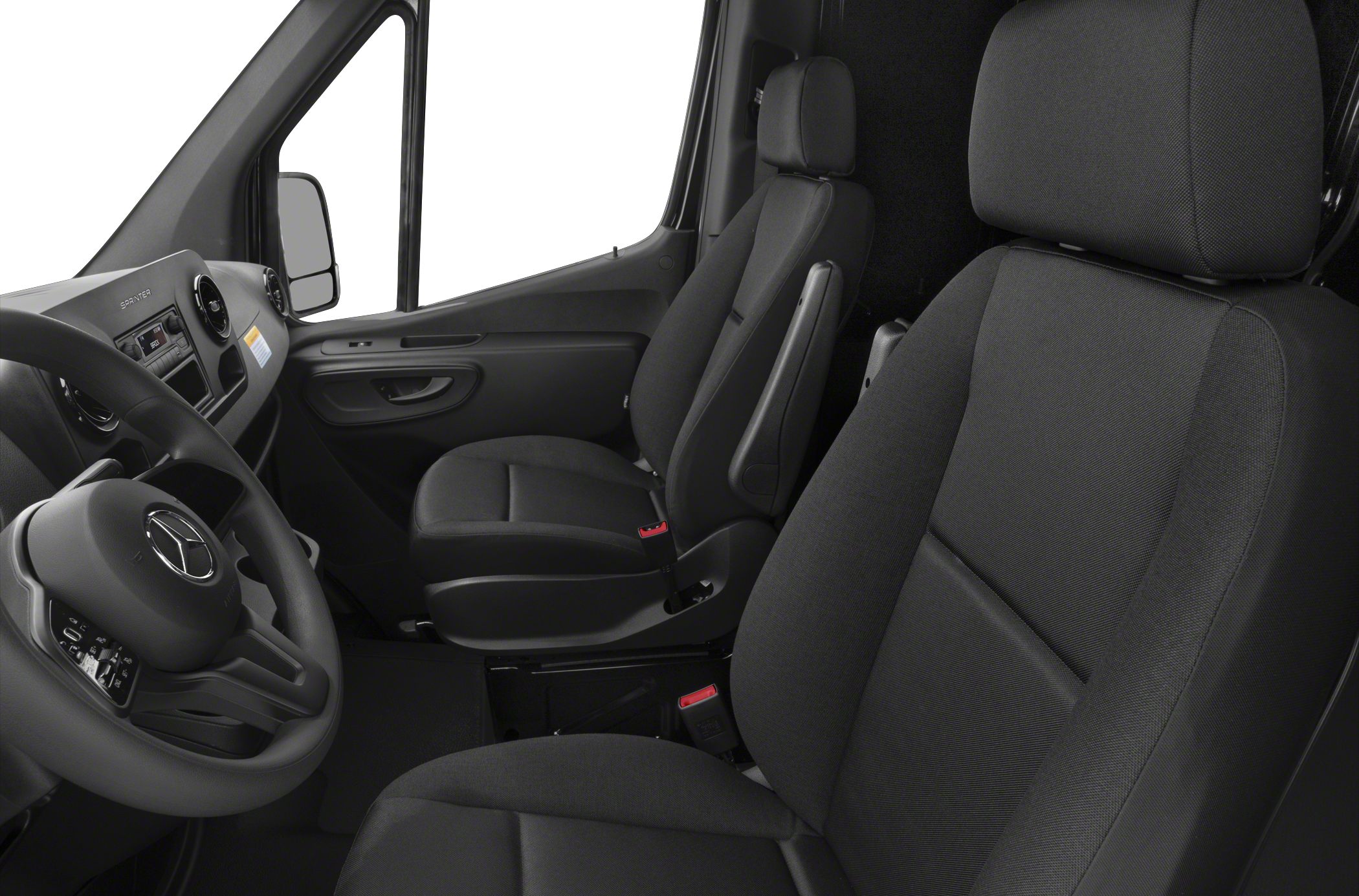 Front seats and dashboard interior of a compact panel van