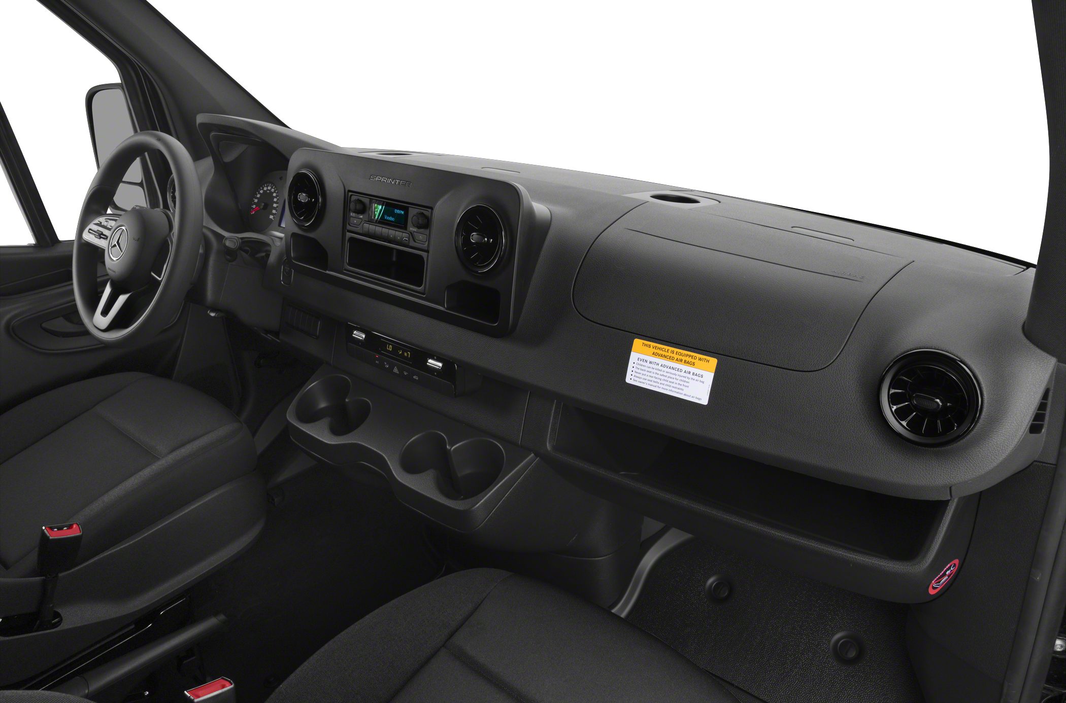 Dashboard layout with steering wheel, air vents, and storage compartments