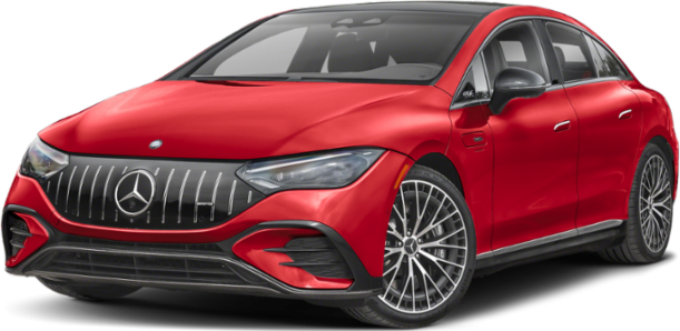 Front and side view of a red electric luxury sedan with sleek design and distinctive headlights