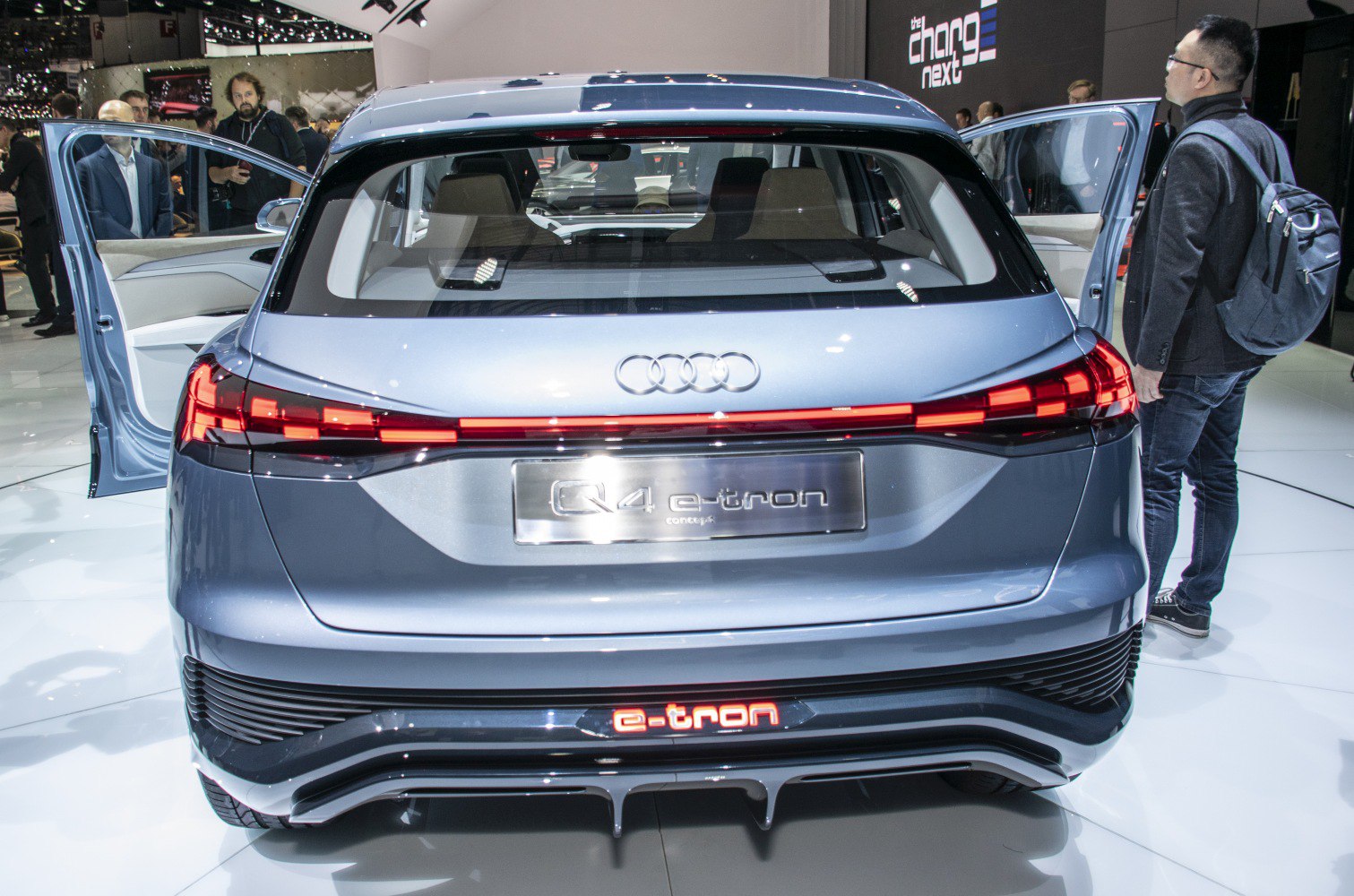 Rear view of electric SUV with LED taillights and illuminated e-tron badge