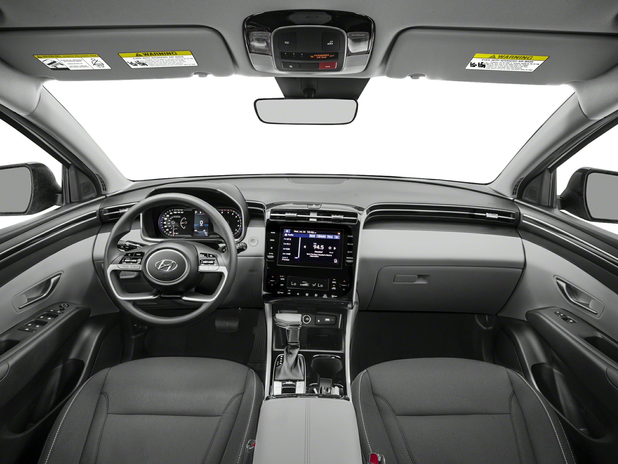 Digital instrument cluster and touchscreen infotainment system in modern car interior