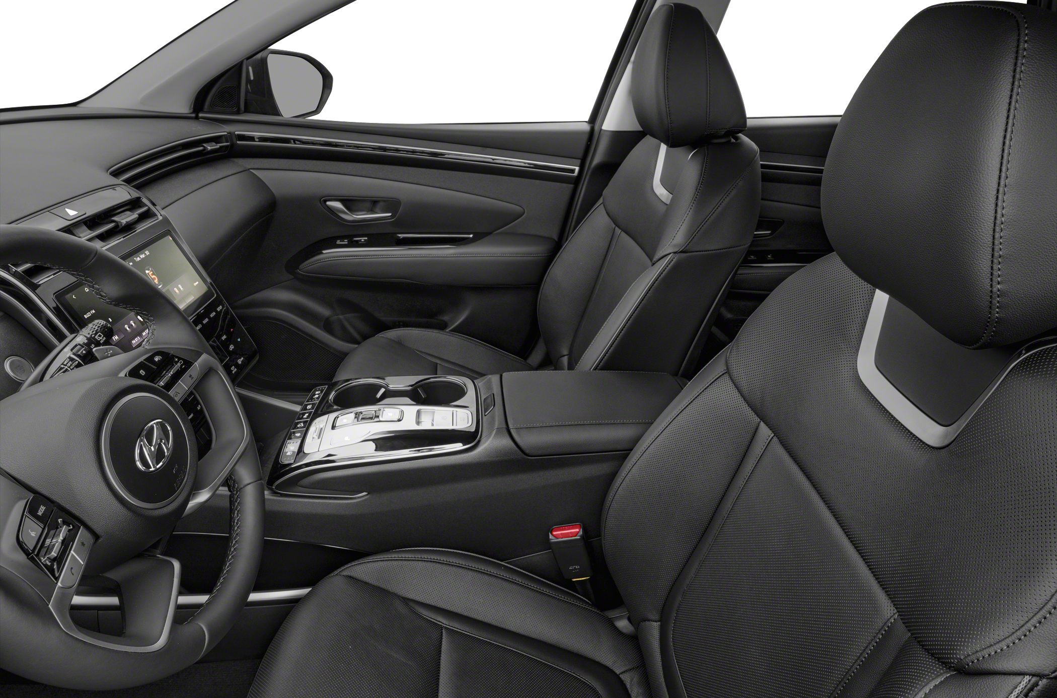 Black leather seats and modern center console with touchscreen