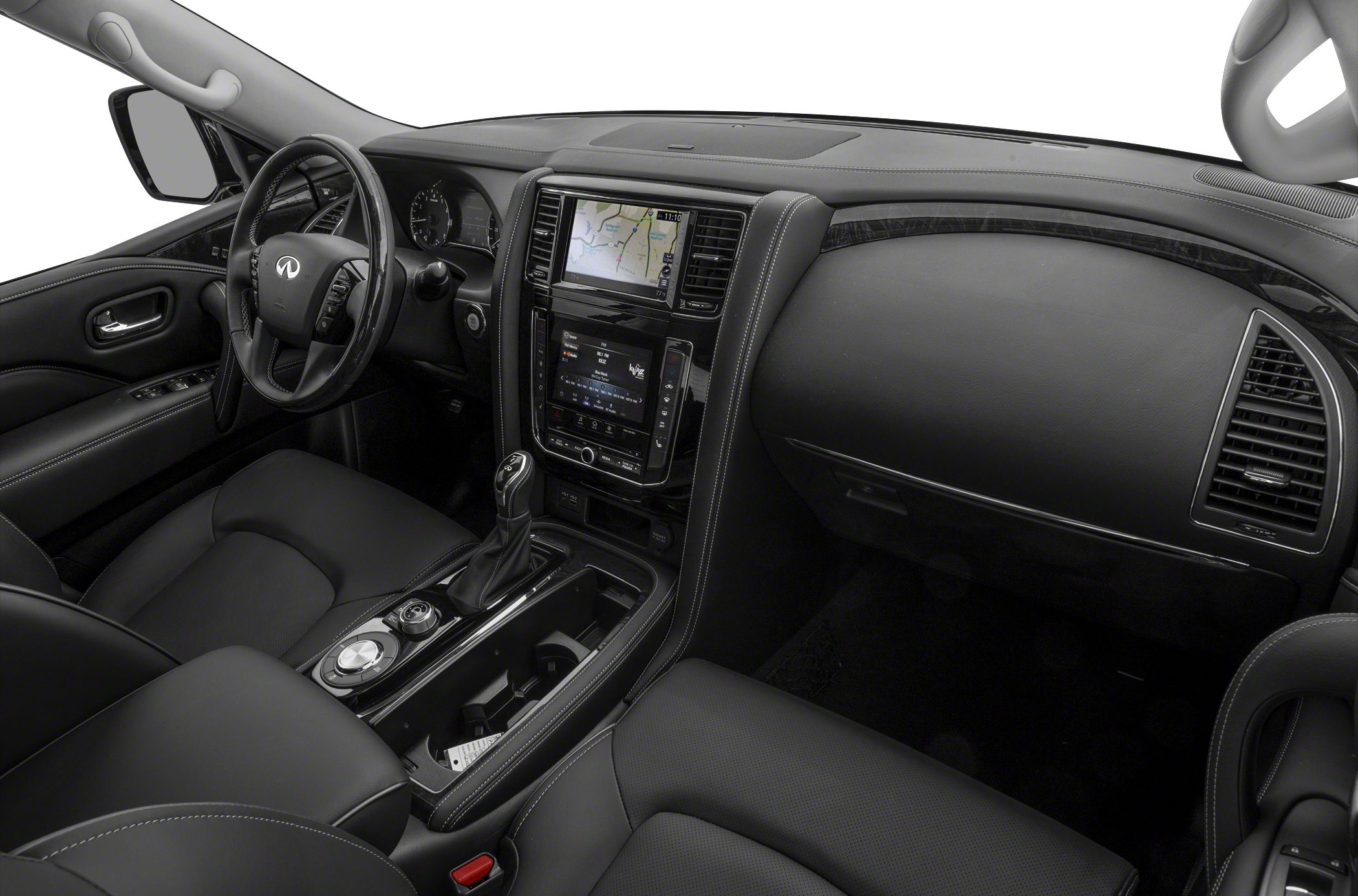 Premium leather interior with dual infotainment screens and advanced dashboard controls.