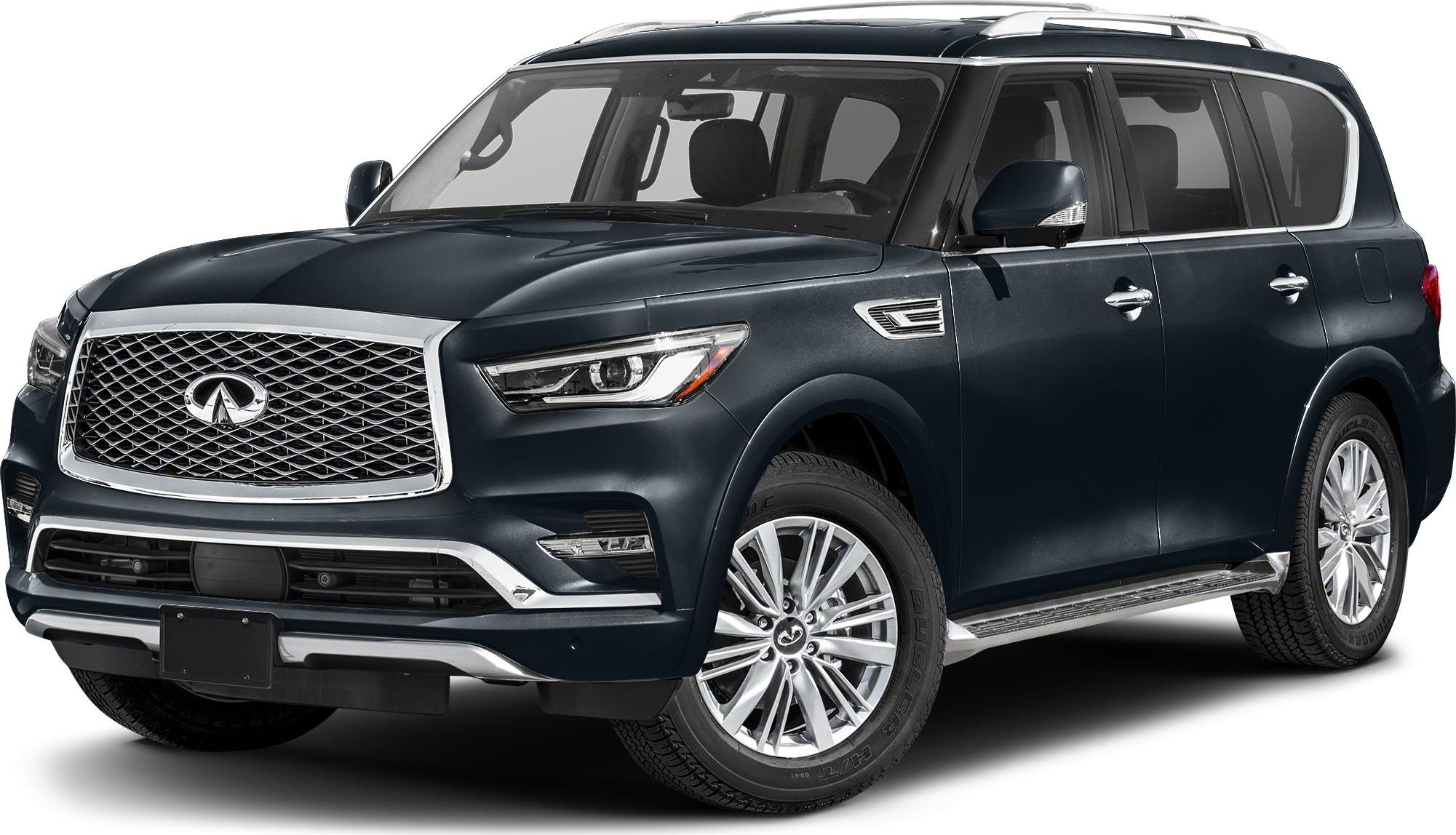 Front and side view of luxury SUV with large grille and LED headlights