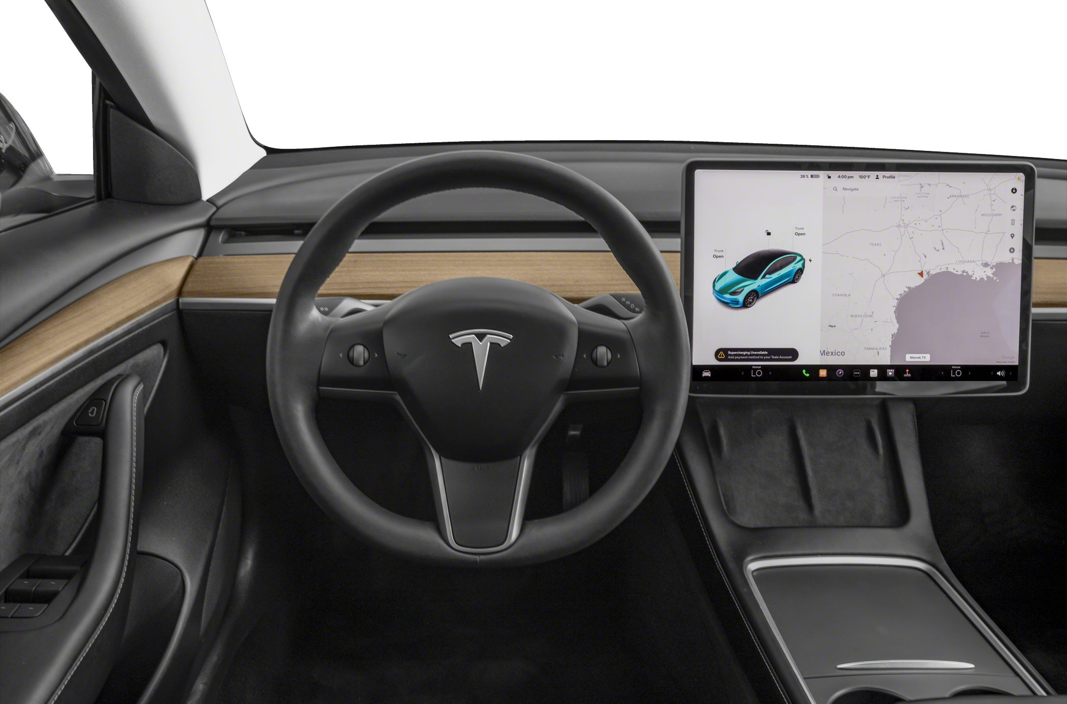 Digital dashboard with touchscreen and minimalist steering wheel