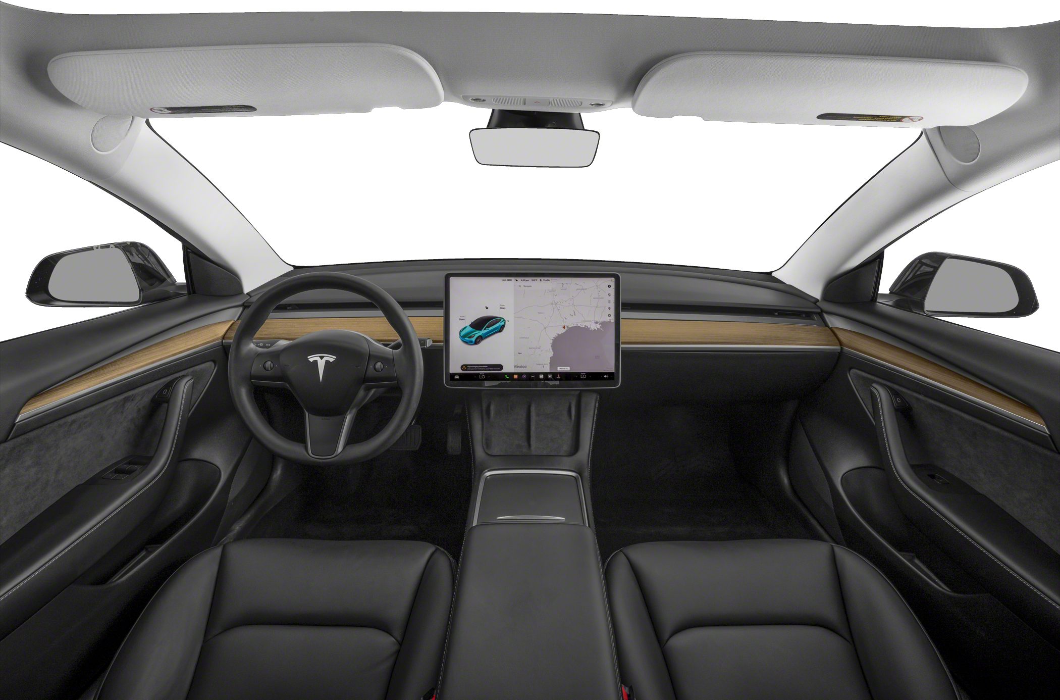 Minimalist interior with central touchscreen and wood trim dashboard