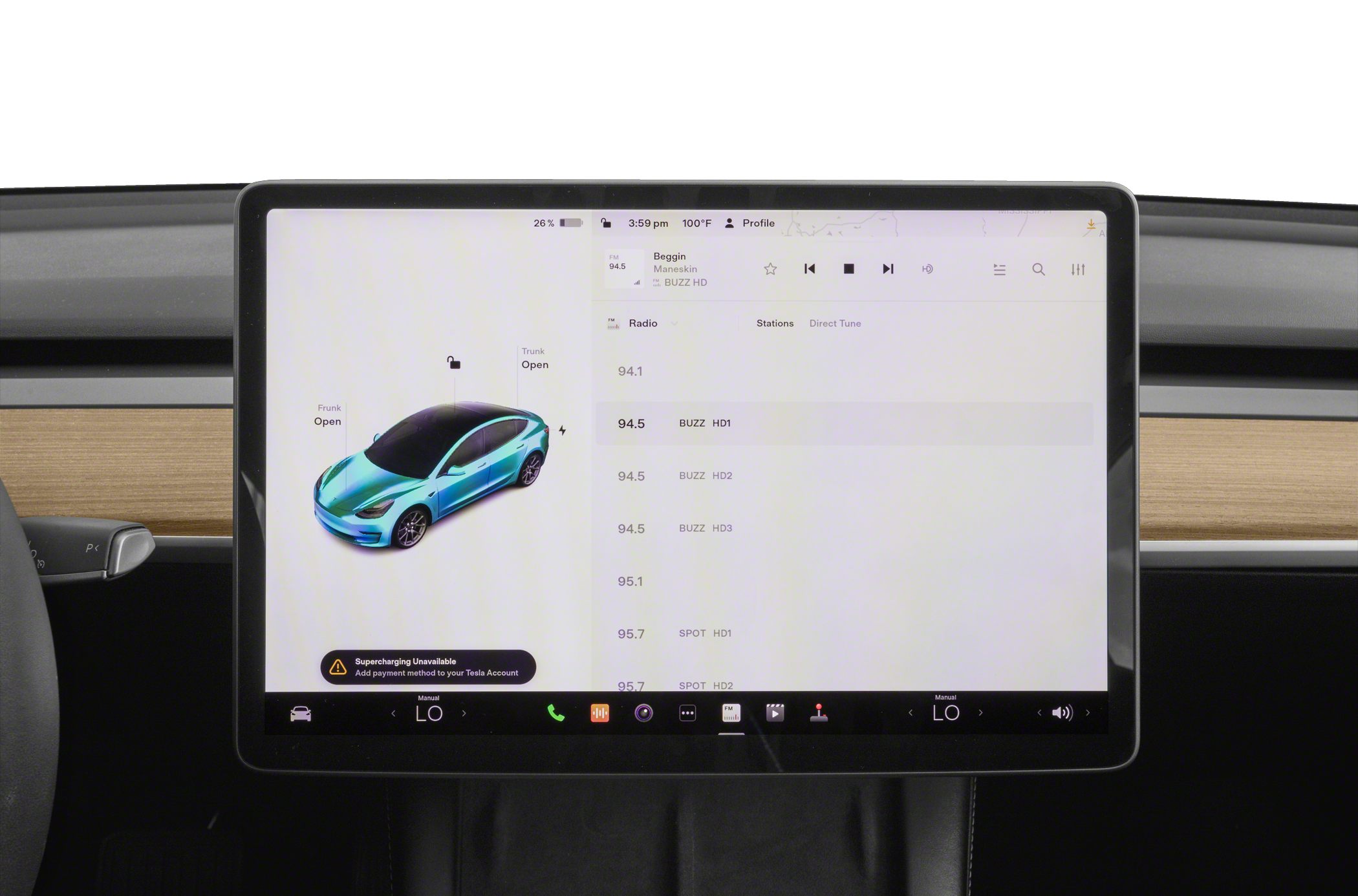 Tesla infotainment touchscreen with vehicle status and radio interface