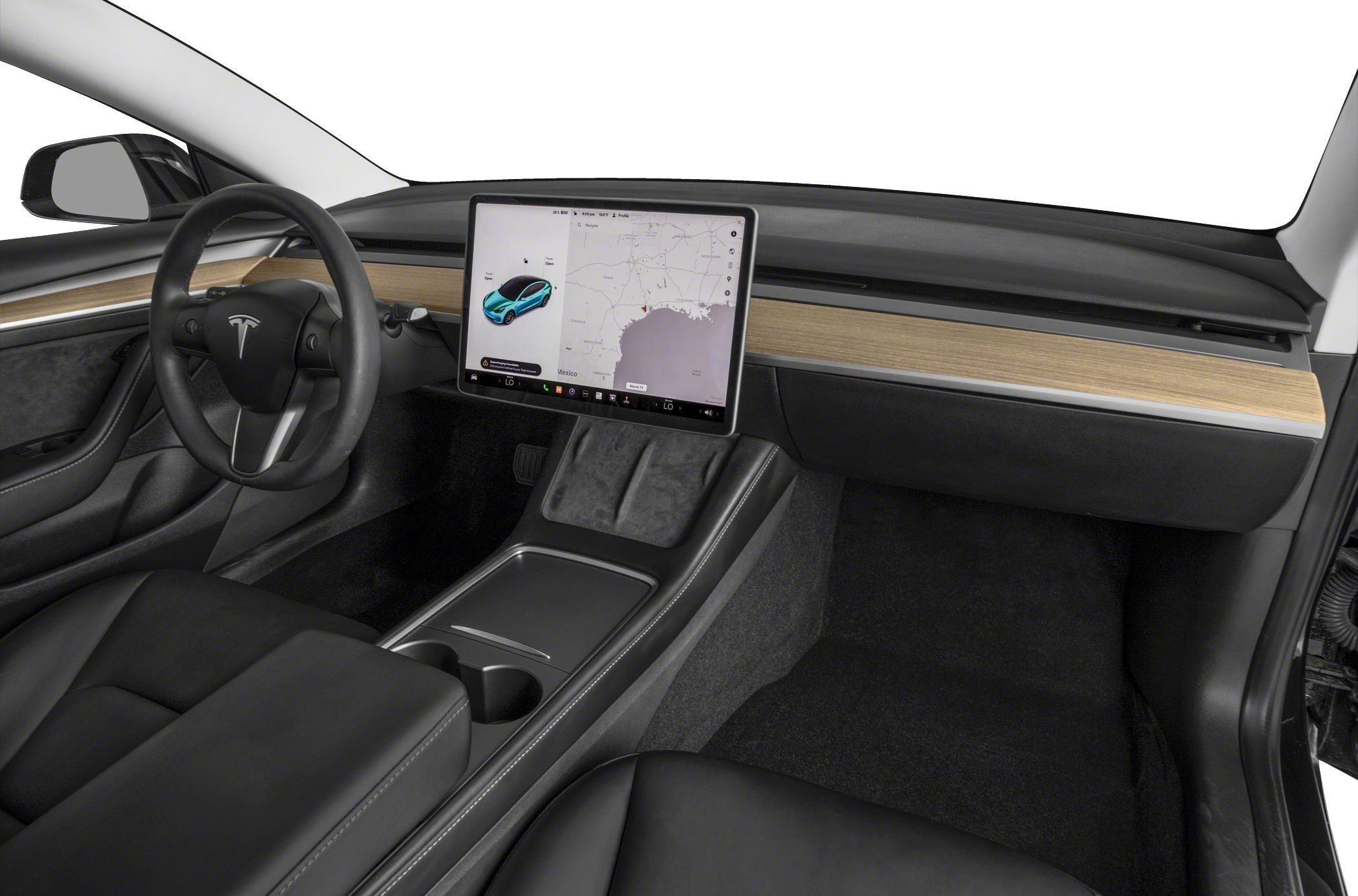 Minimalistic interior with large touchscreen and wood trim dashboard