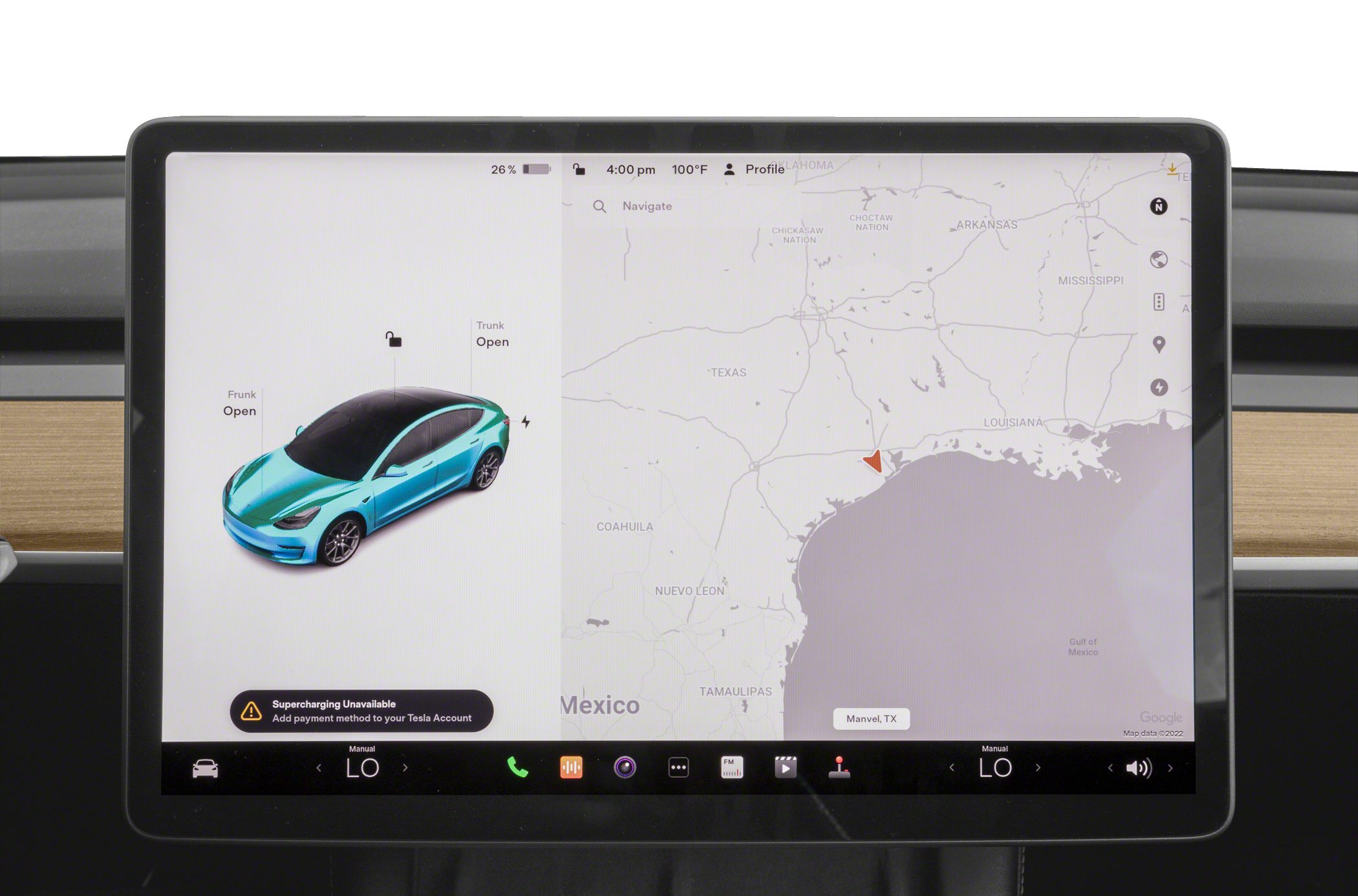 Tesla touchscreen showing navigation and open frunk and trunk status