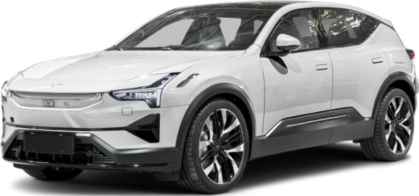 Front and side view of a white SUV with LED headlights and aerodynamic styling