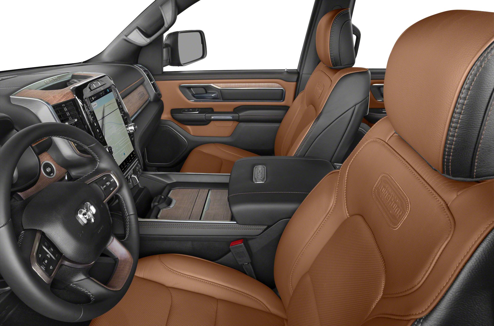 Premium brown leather seats and large central touchscreen in modern truck interior