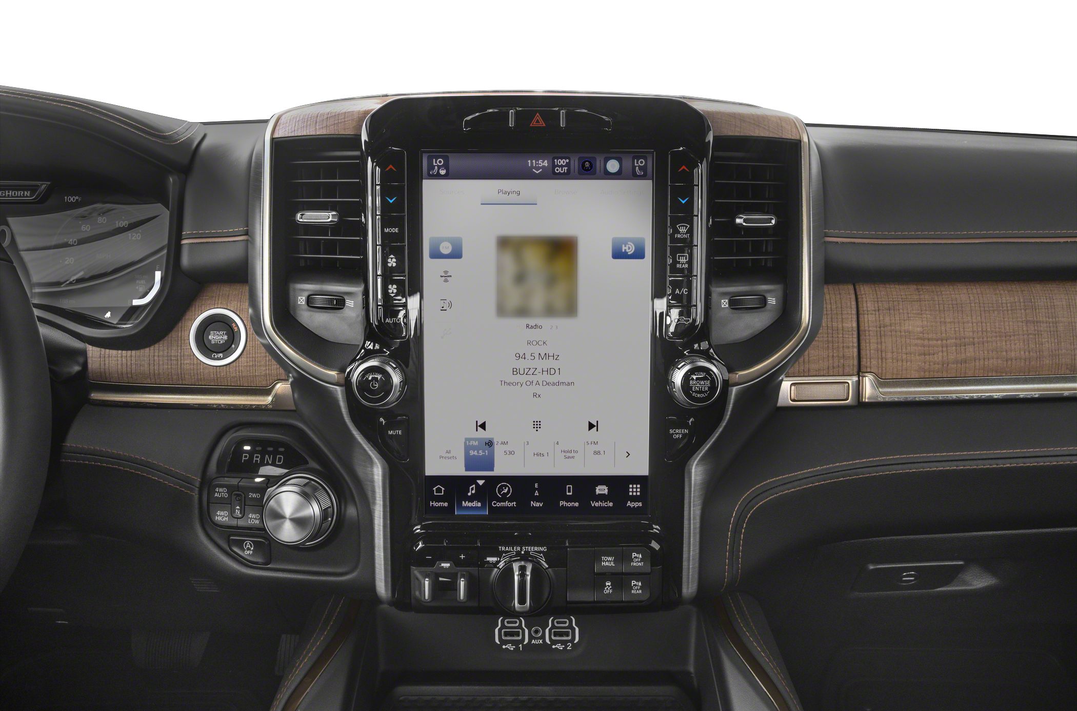 Central touchscreen infotainment and control panel with wood accents