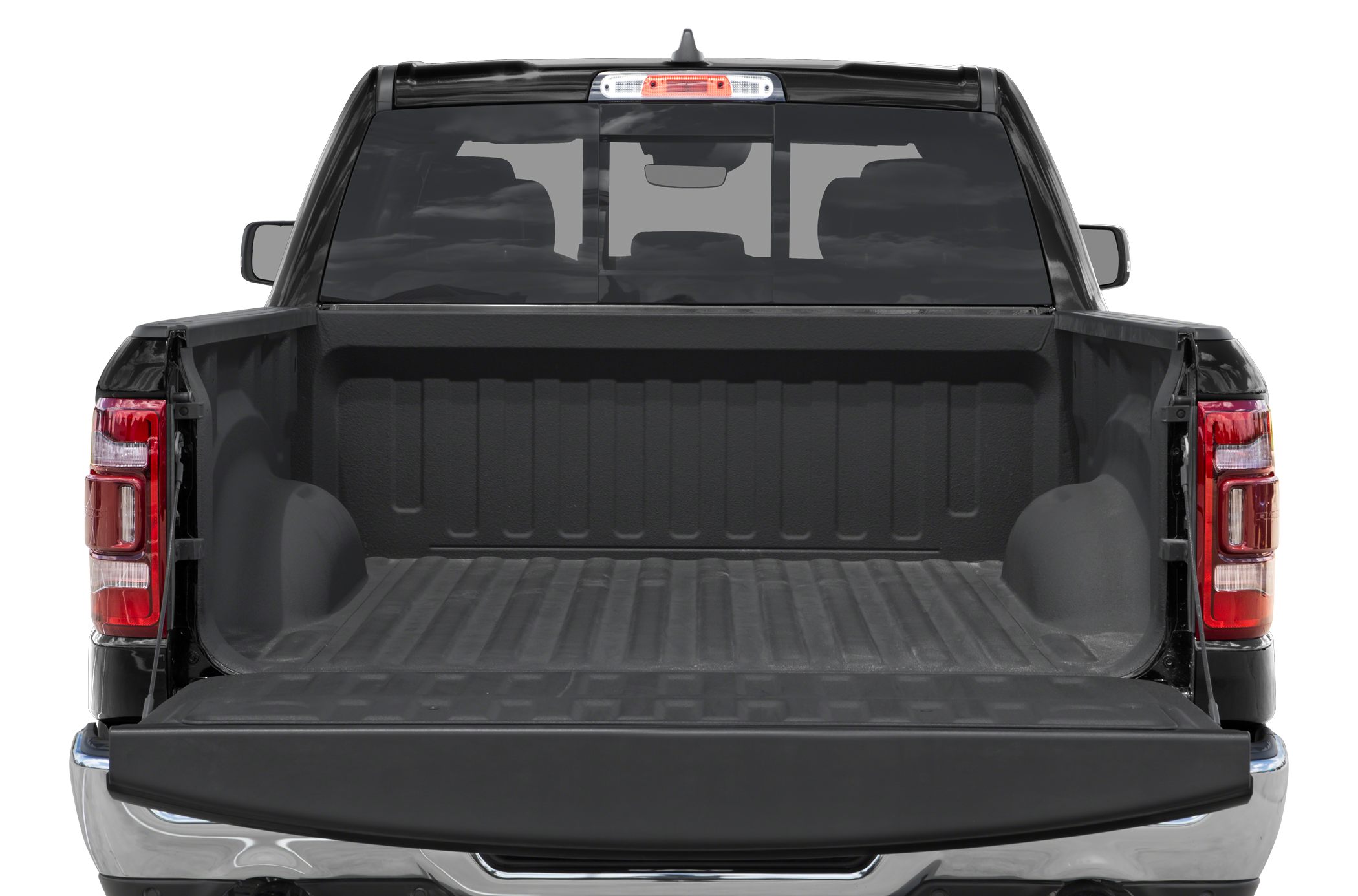 Open spacious truck bed with tailgate and rear window