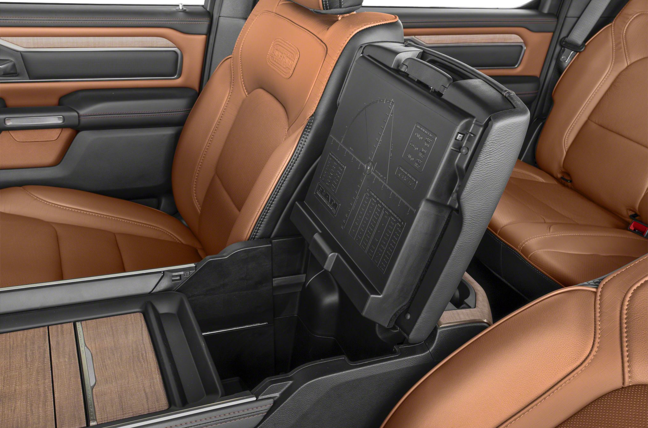 Interior center console with storage and brown leather seats