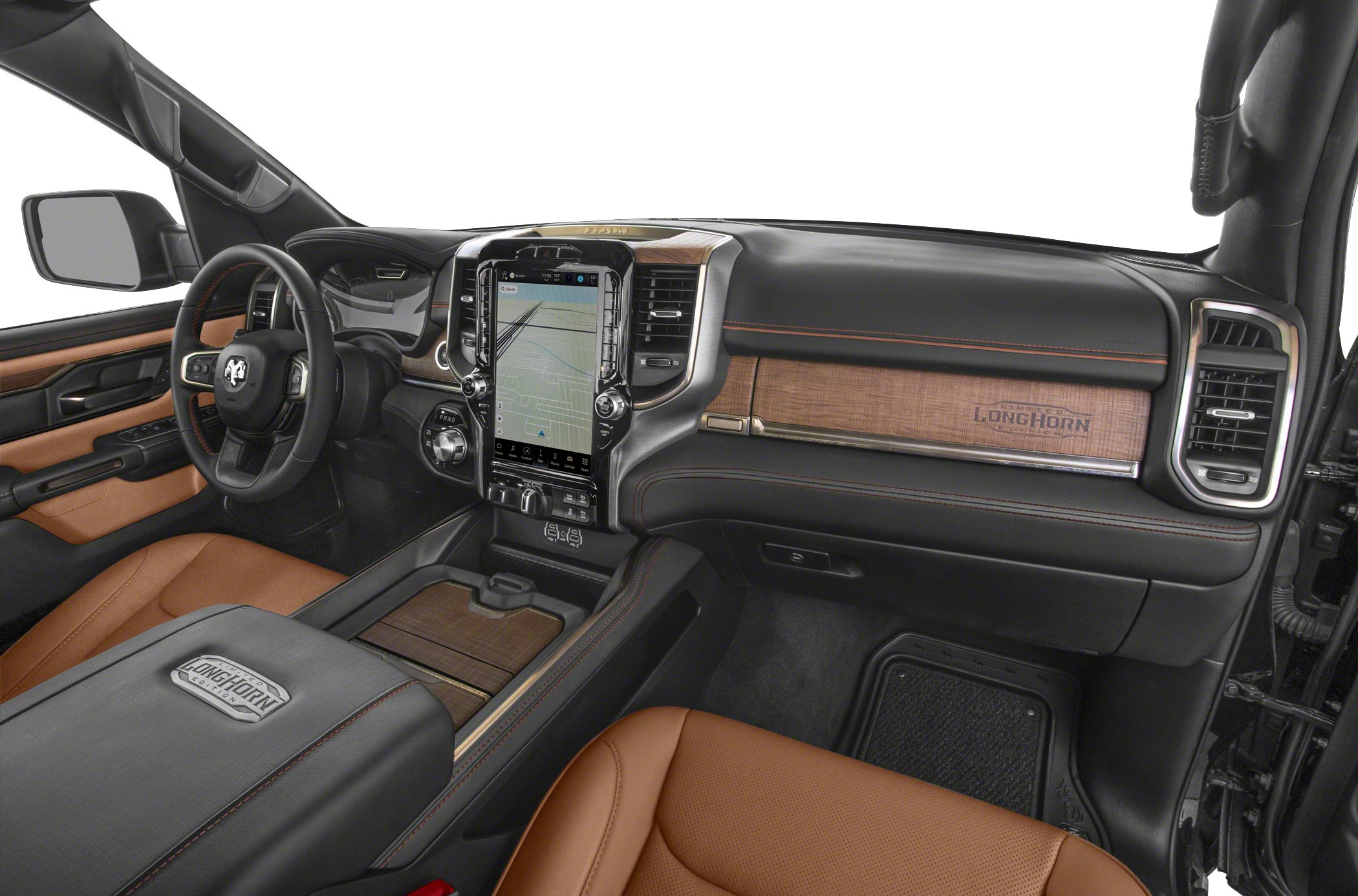 Luxurious truck interior with large touchscreen and leather seats