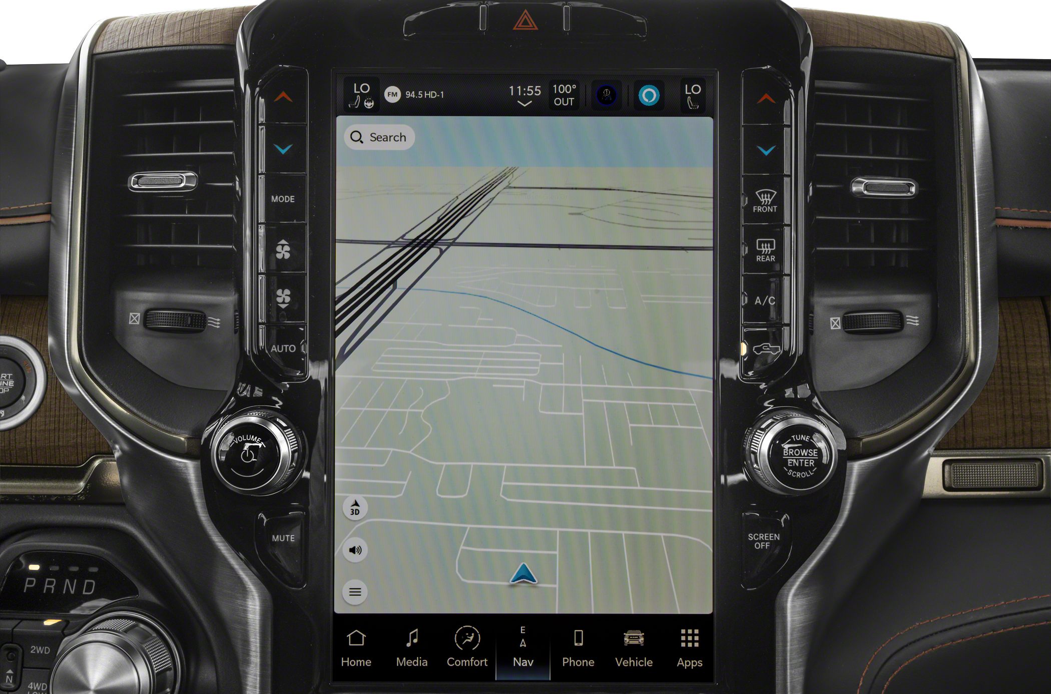 Large vertical touchscreen with navigation and climate control buttons in vehicle interior