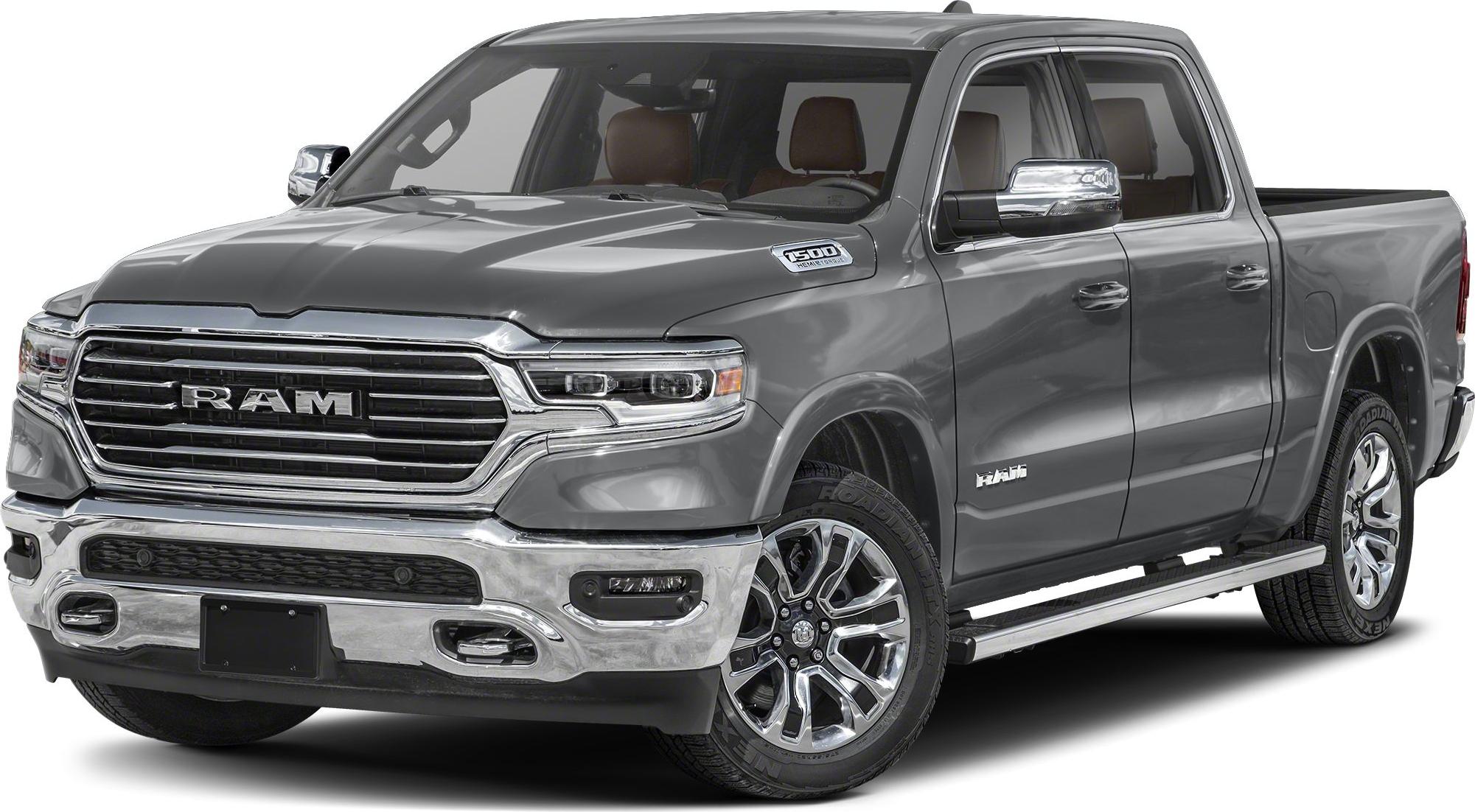 Chrome grille, alloy wheels, crew cab long pickup front-side view