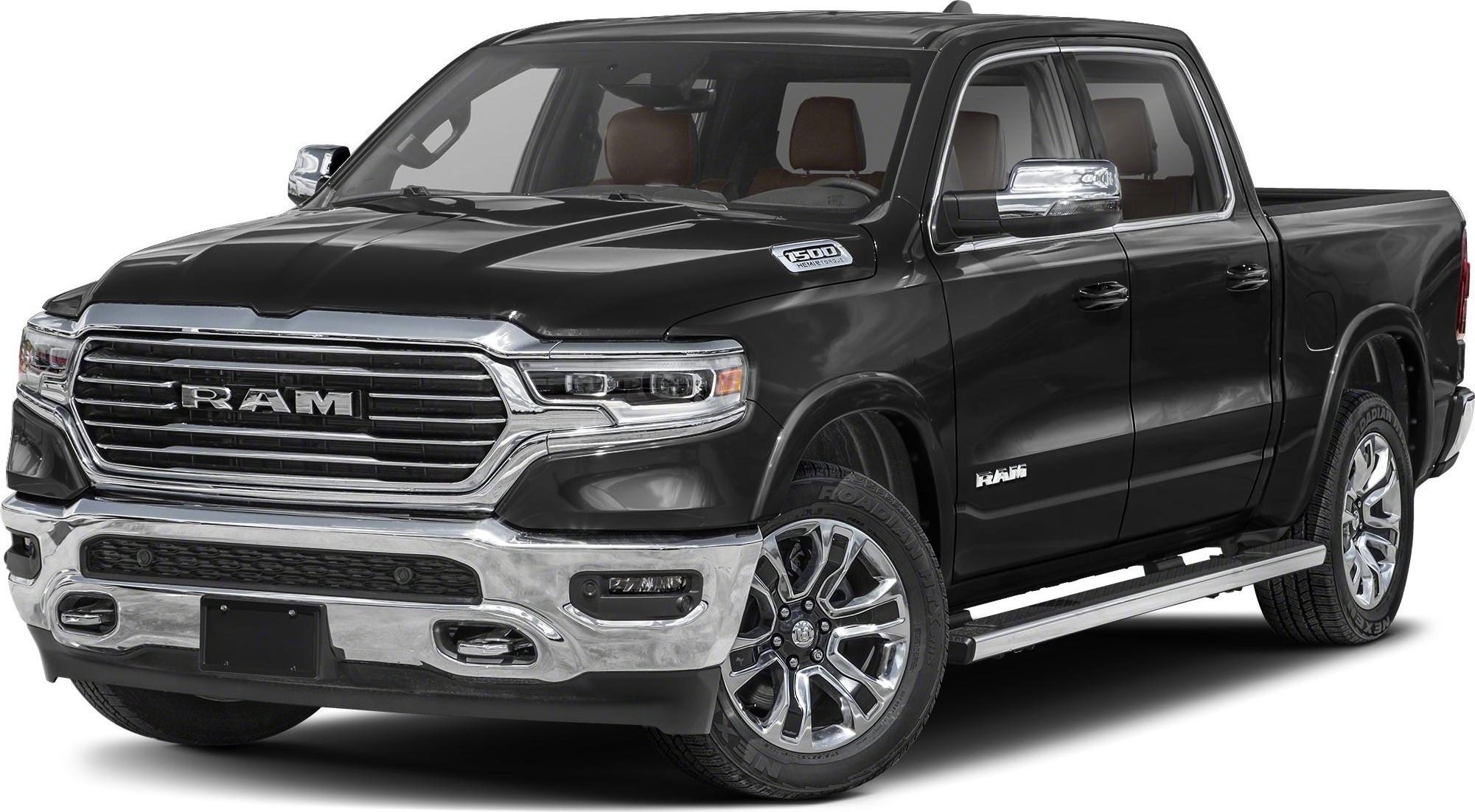 Pickup truck front angle with prominent grille and chrome bumper
