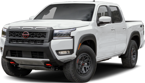 Front and side view of a white crew cab pickup with rugged tires