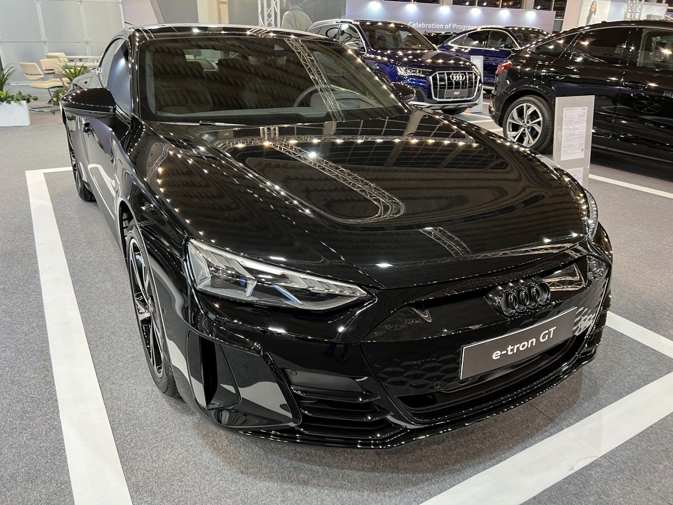 Sleek front view with aerodynamic design and LED headlights