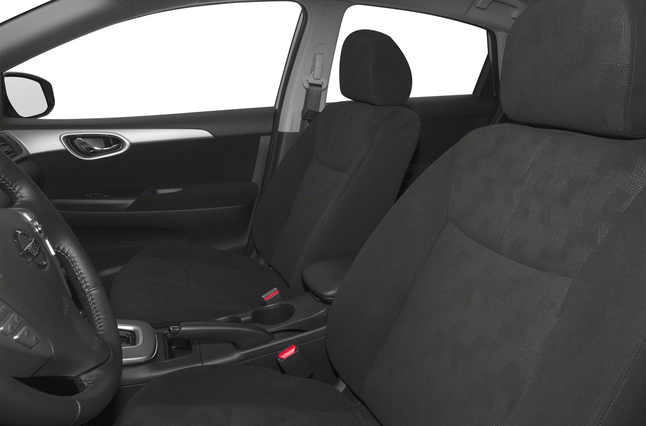 Front black fabric seats and door panel interior with center console