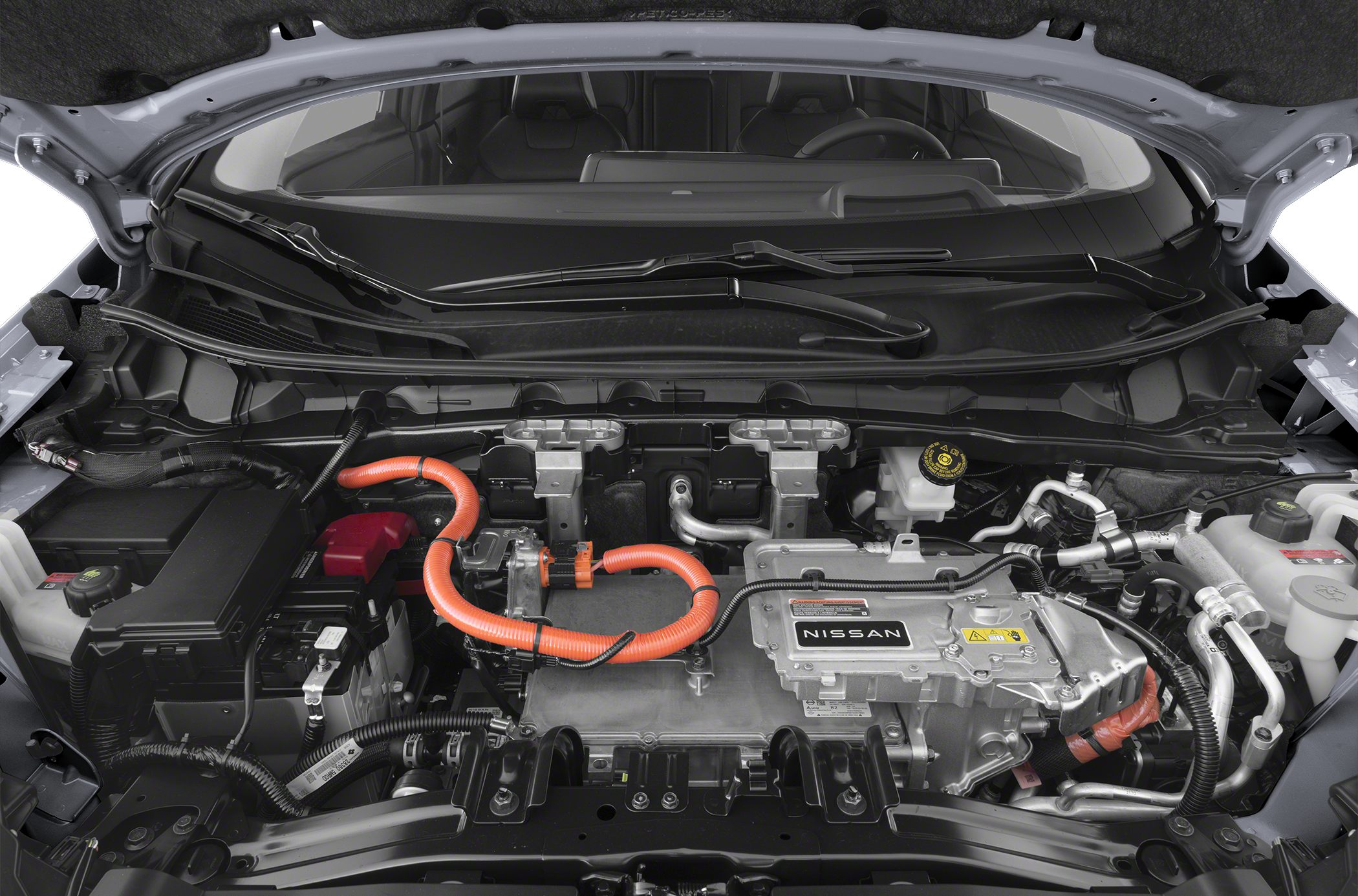 Electric motor compartment with prominent orange high-voltage wiring