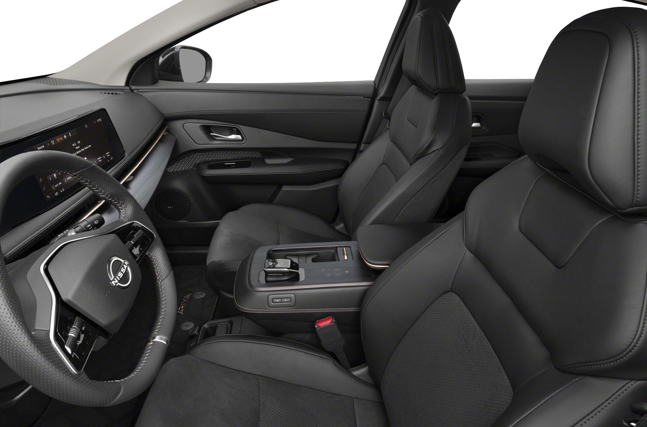 Modern steering wheel and plush front seats in a stylish interior
